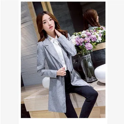 2017 New Autumn Long Women Blazers And Jackets Single Button Gray Blazer Women Jacket Casual Long Sleeved Blazer Feminino Longo