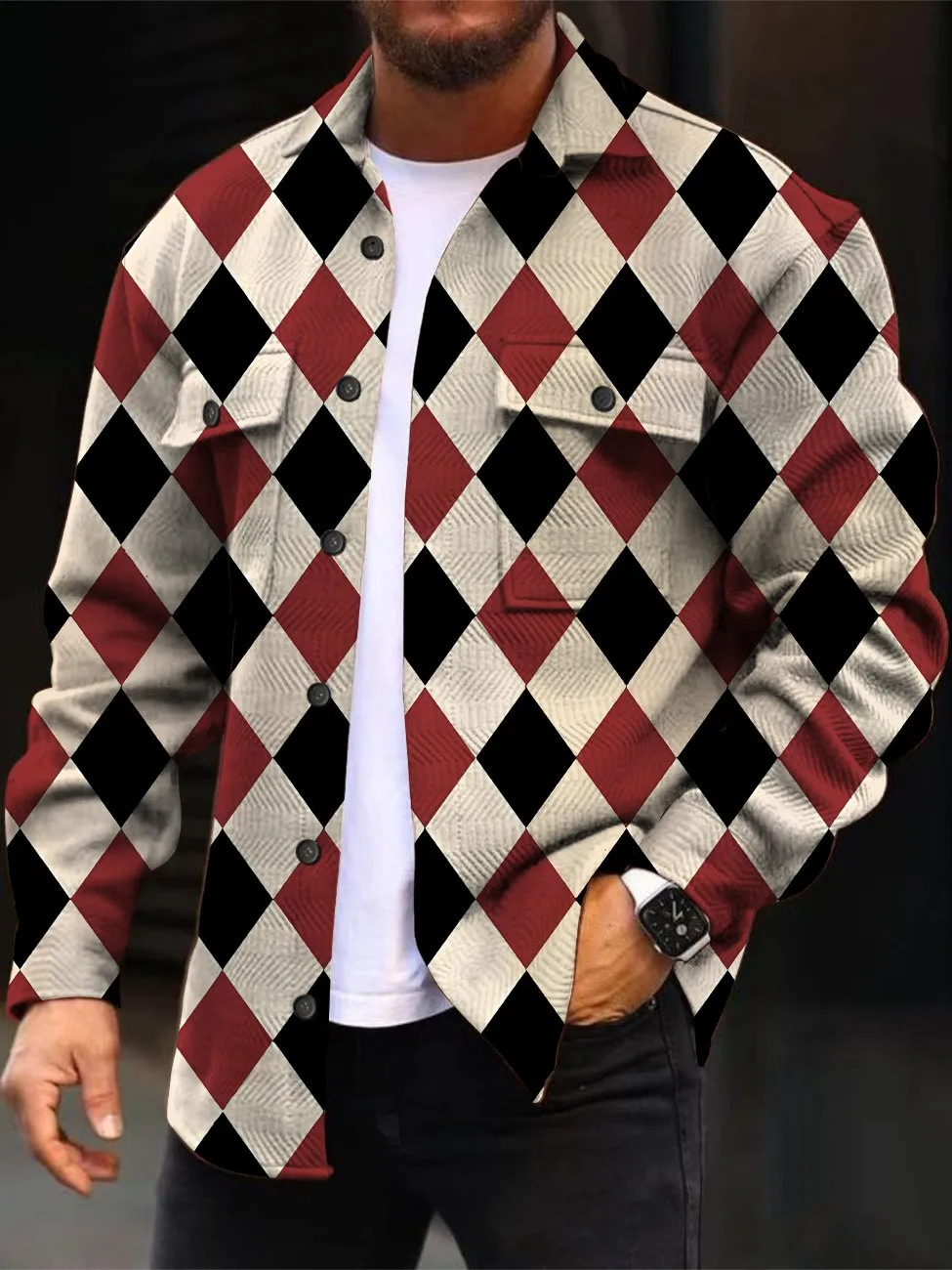 Alohadaddy Diamond Geometric Plaid Contrast Color Button Pocket Casual Long Sleeve Jacket