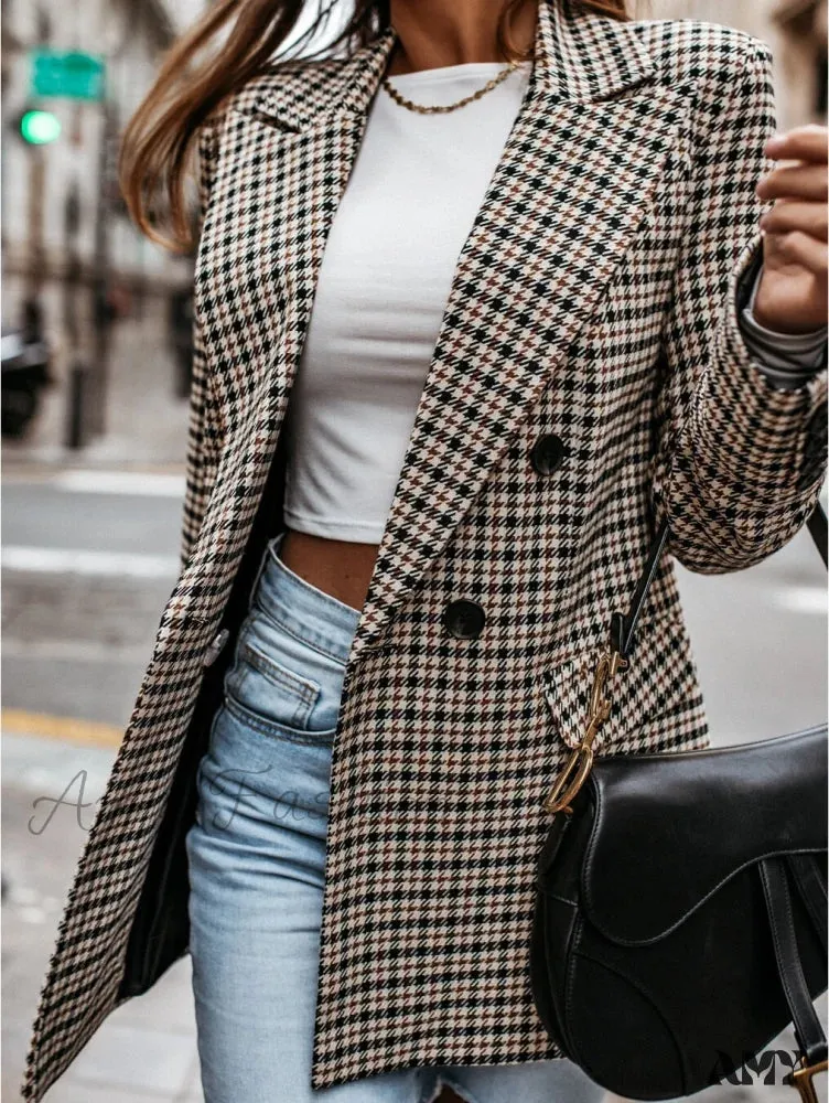 Amy Fashion - Ladies Notched Collar Plaid Blazer