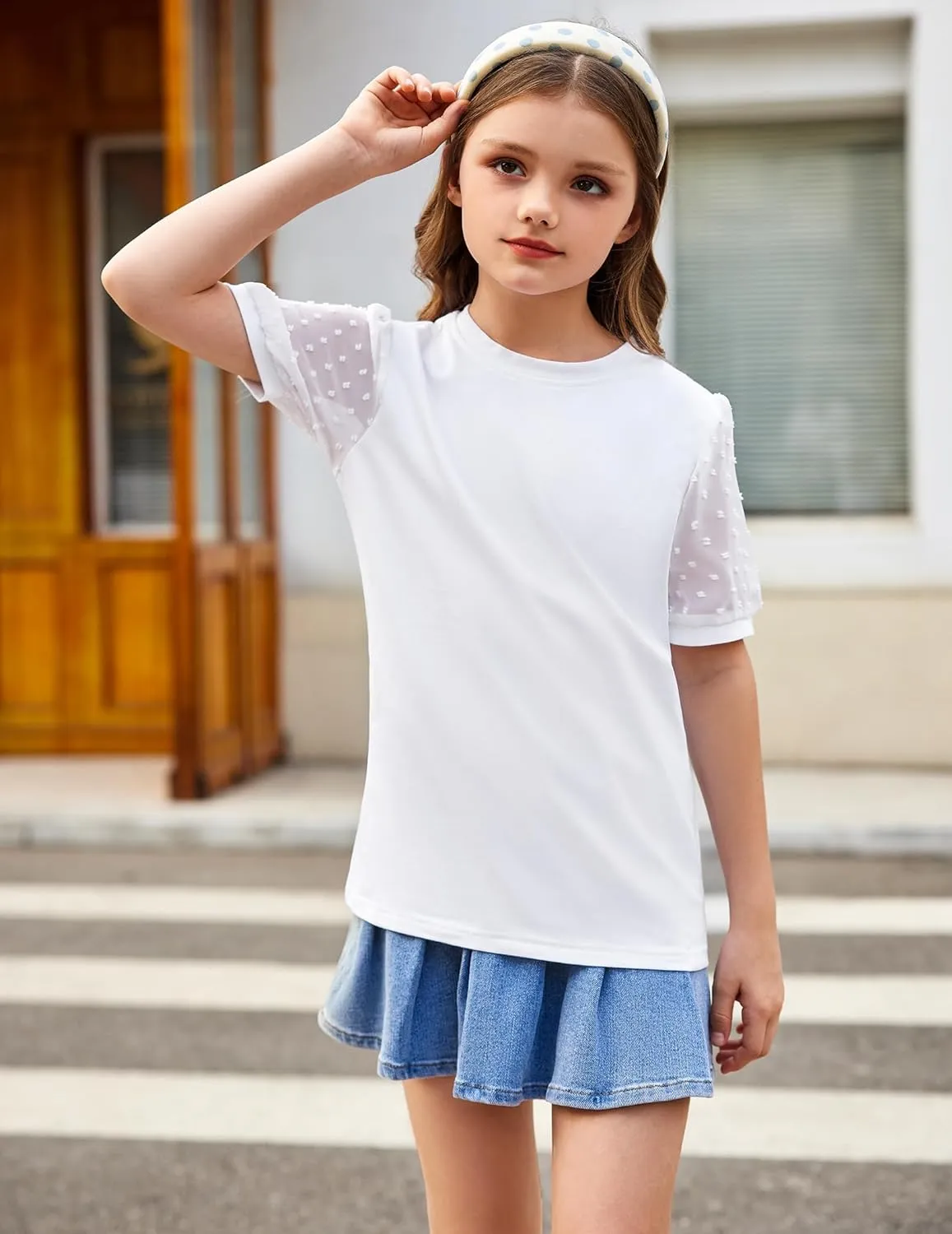 Arshiner Girls Shirt Swiss Dots Texture Sheer Puff Sleeves Loose Tee