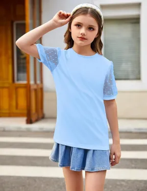 Arshiner Girls Shirt Swiss Dots Texture Sheer Puff Sleeves Loose Tee