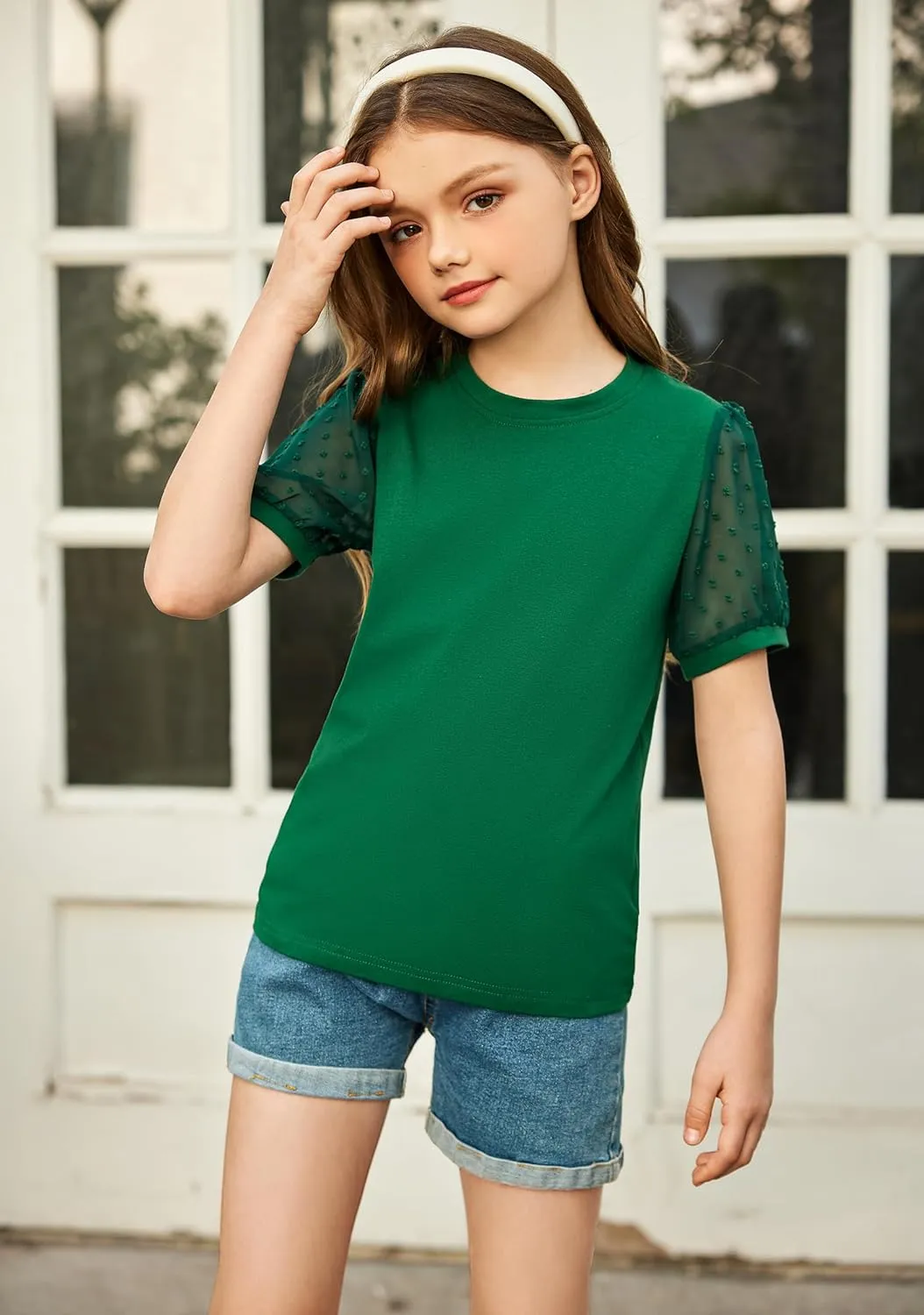 Arshiner Girls Shirt Swiss Dots Texture Sheer Puff Sleeves Loose Tee