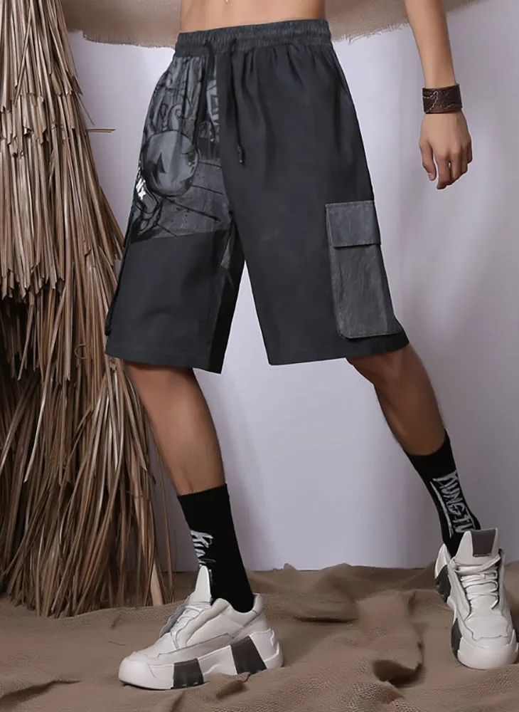 Asymmetric Spliced Cartoon Print Casual Shorts