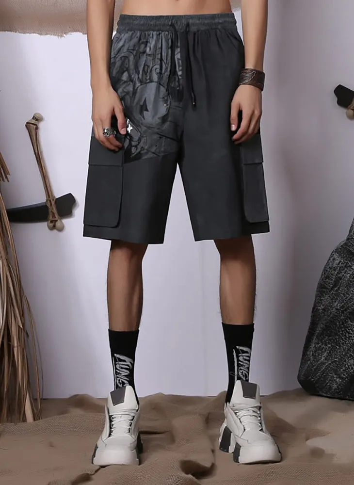 Asymmetric Spliced Cartoon Print Casual Shorts