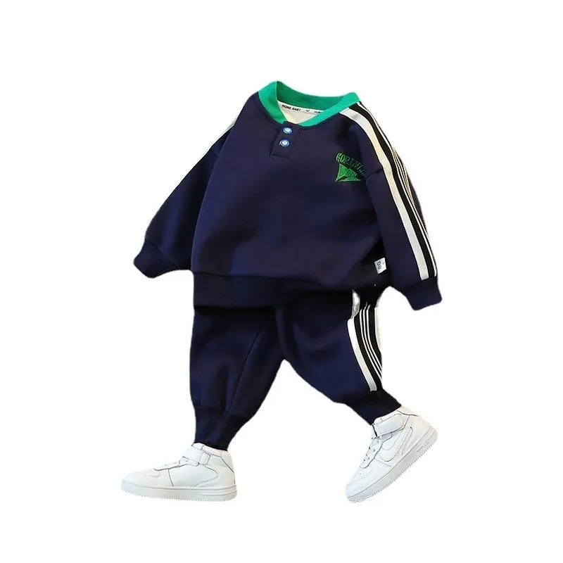 Autumn and winter boys plus velvet sports vests two-piece set