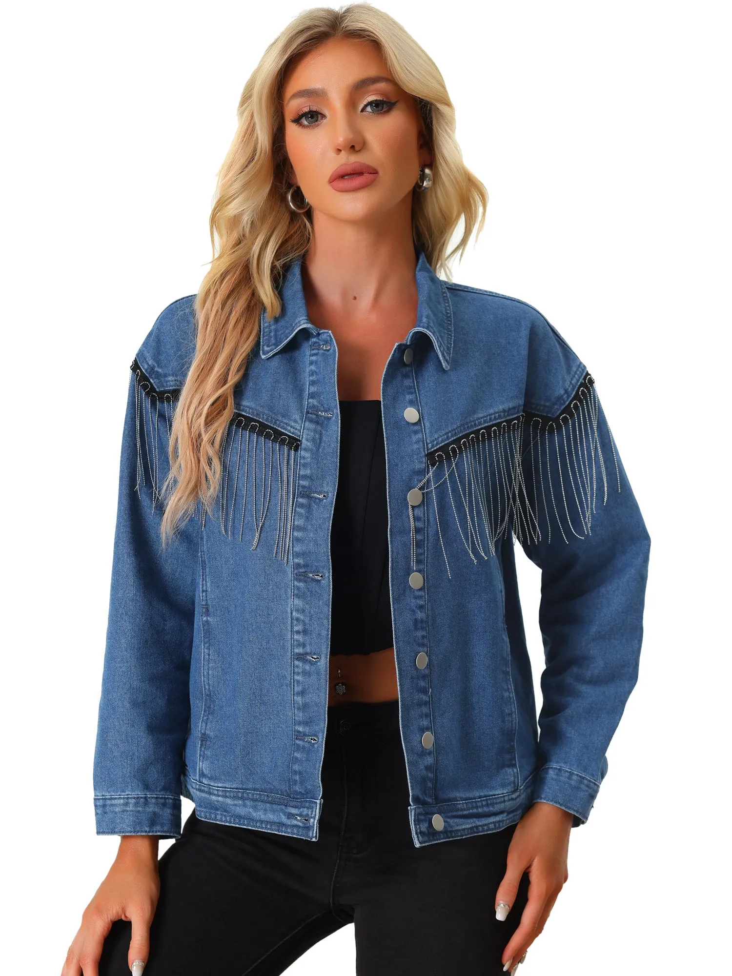 Beads Fringe Denim Button Front Western Cowgirl Tassel Jean Jackets