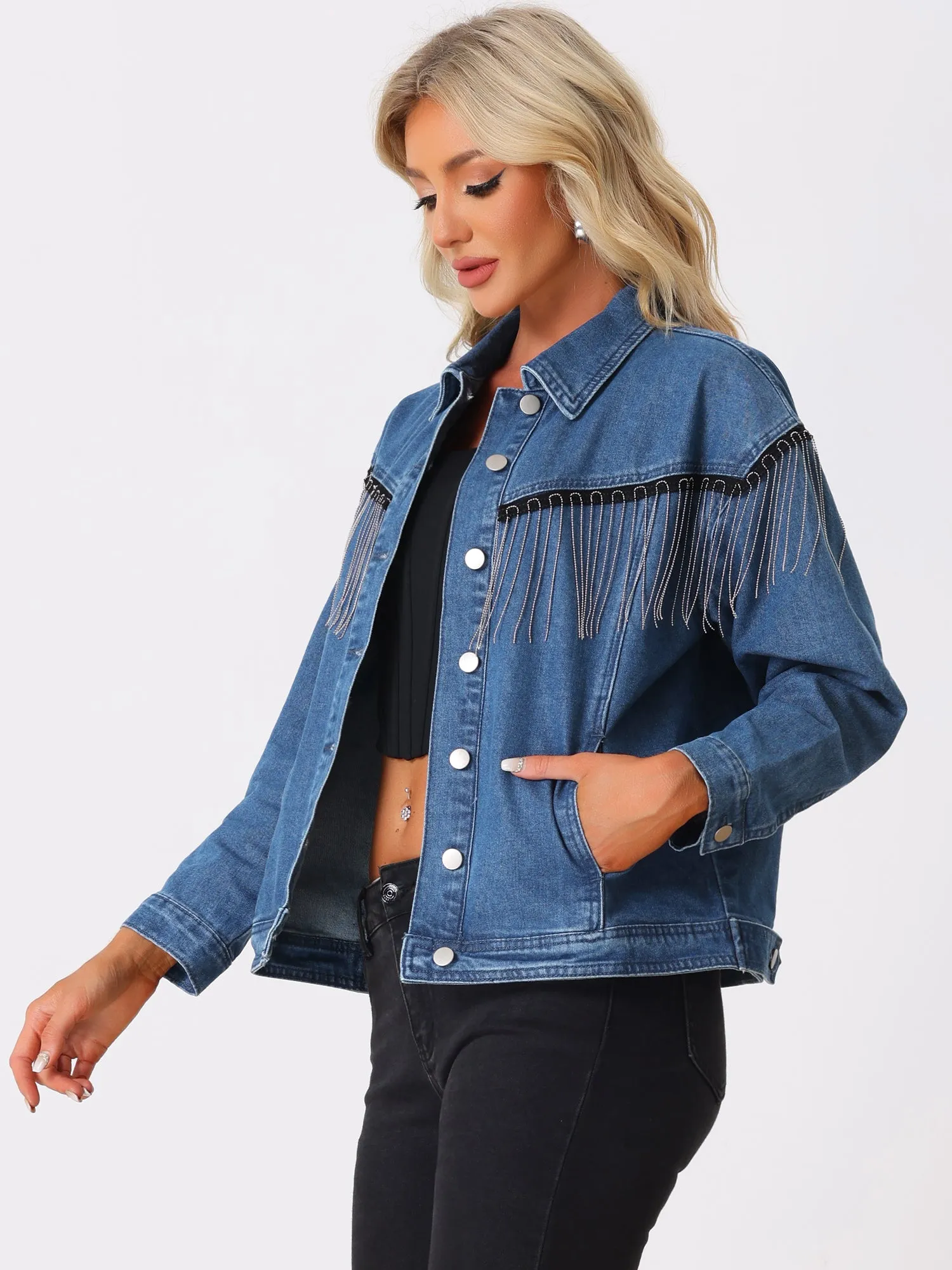 Beads Fringe Denim Button Front Western Cowgirl Tassel Jean Jackets