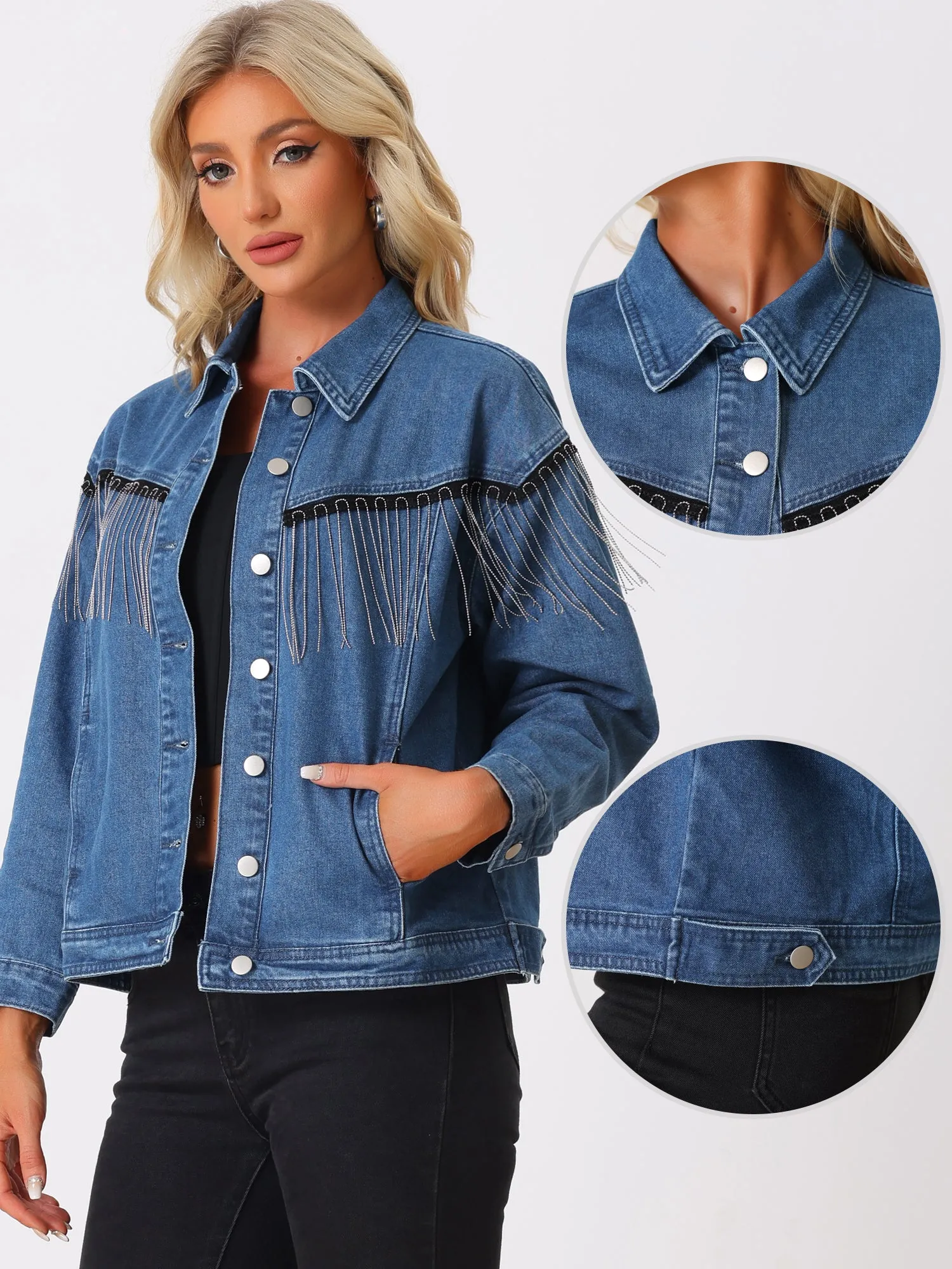 Beads Fringe Denim Button Front Western Cowgirl Tassel Jean Jackets