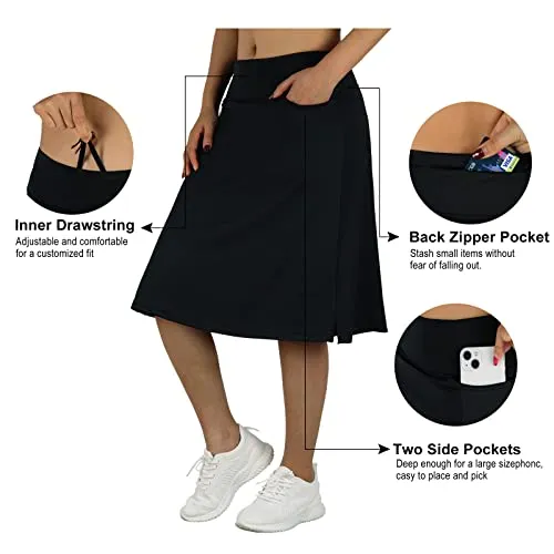 BELE ROY Knee Length Skorts Skirts for Women with Pockets Midi Skirt with Built-in Shorts Golf Tennis Skirt for Casual(Black,M)