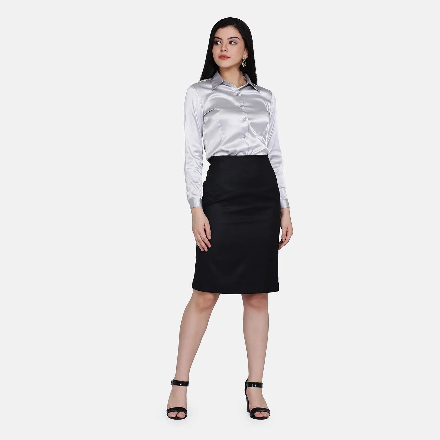 Black Cotton Straight Pencil Fit Office Skirt