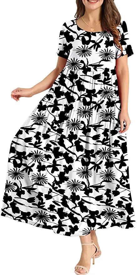 Black White Flower Women Casual Loose Bohemian Floral Dress with Pockets Short Sleeve Long Maxi Summer Beach Swing Dress - Yesno