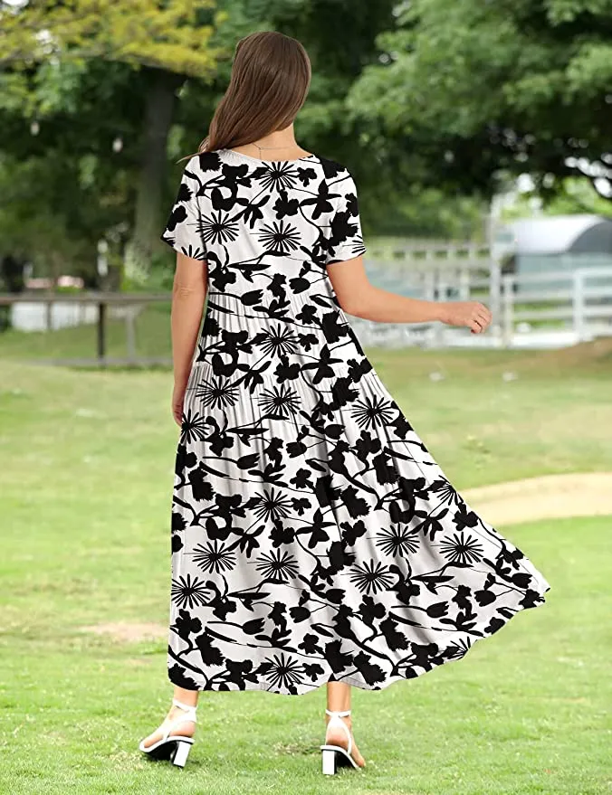 Black White Flower Women Casual Loose Bohemian Floral Dress with Pockets Short Sleeve Long Maxi Summer Beach Swing Dress - Yesno