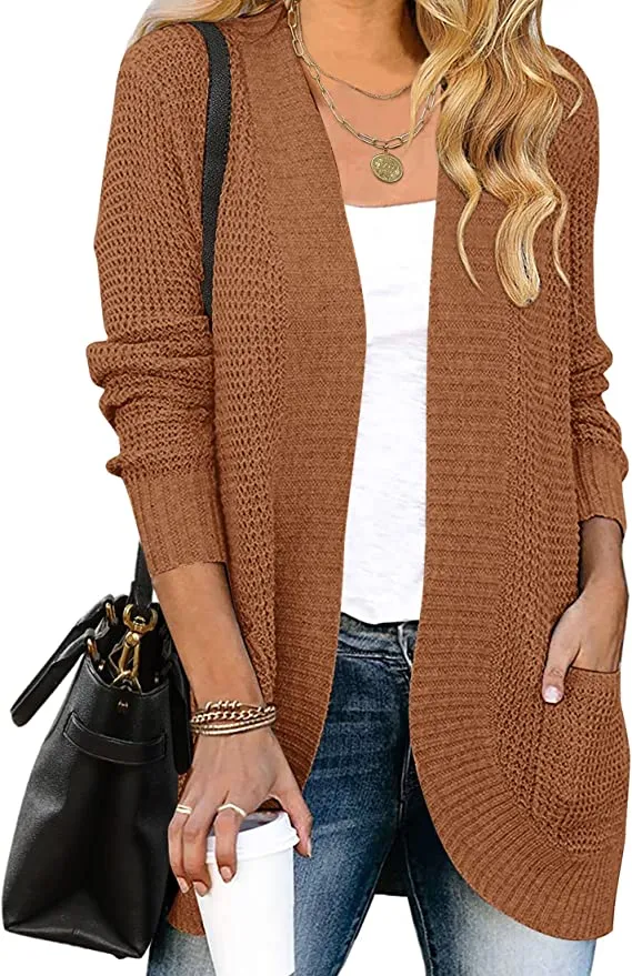 Brown Women's Long Sleeve Open Front Casual Lightweight Soft Knit Cardigan Sweater Outerwear - ZESICA