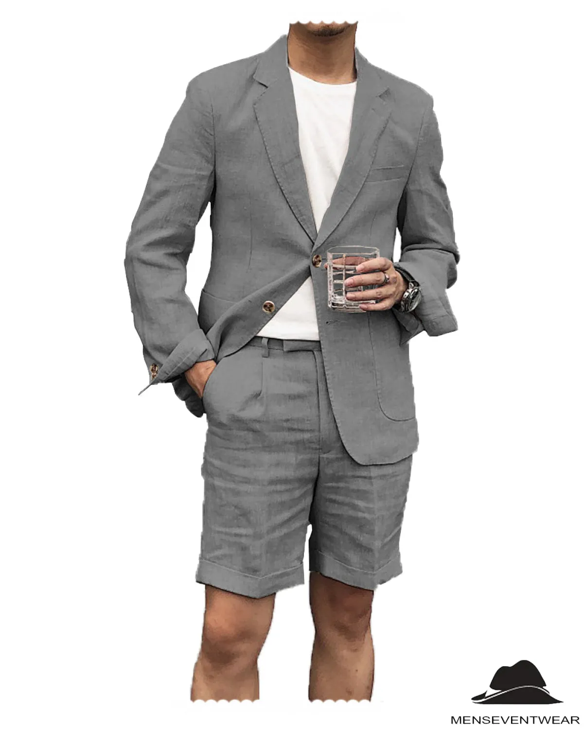 Casual 2 Piece Men's Suit Flat Linen Notch Lapel Tuxedos (Blazer Shorts)