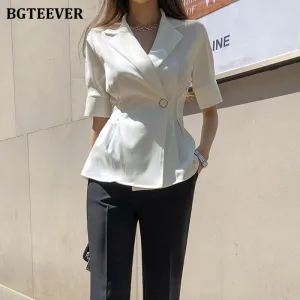 Christmas Gift Joskaa Office Ladies Single Button Blazer Elegant Short Sleeve Slim Waist Female Suit Jacket Summer Casual Women Outwear Tops