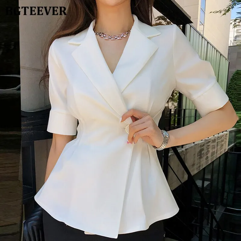 Christmas Gift Joskaa Office Ladies Single Button Blazer Elegant Short Sleeve Slim Waist Female Suit Jacket Summer Casual Women Outwear Tops