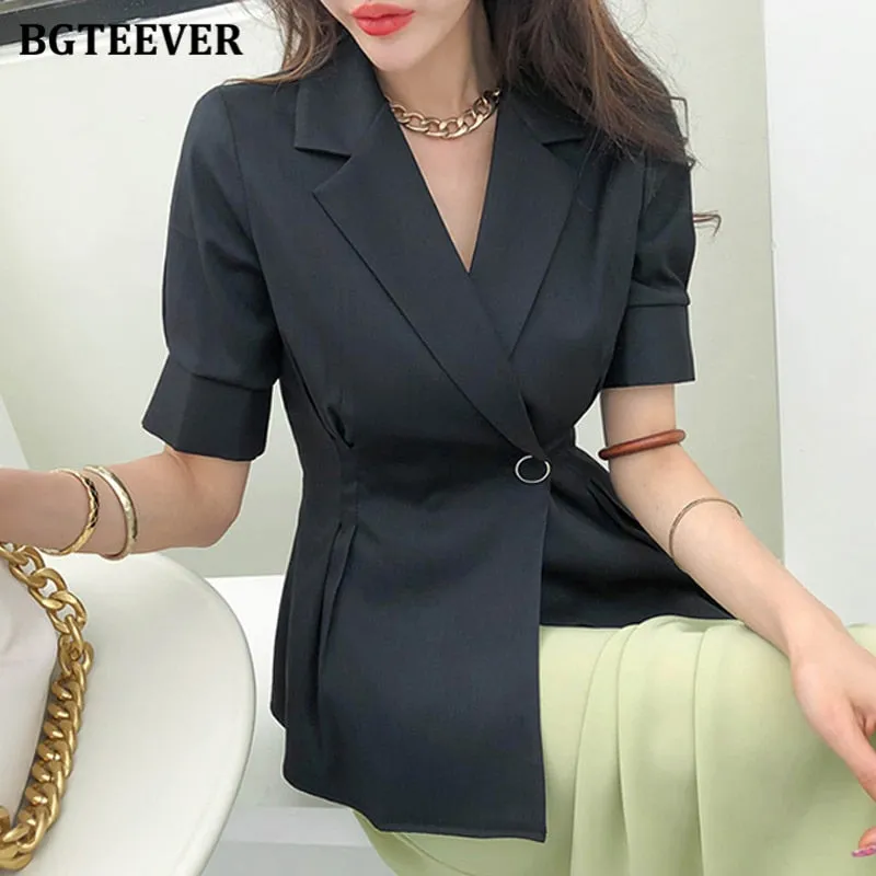 Christmas Gift Joskaa Office Ladies Single Button Blazer Elegant Short Sleeve Slim Waist Female Suit Jacket Summer Casual Women Outwear Tops