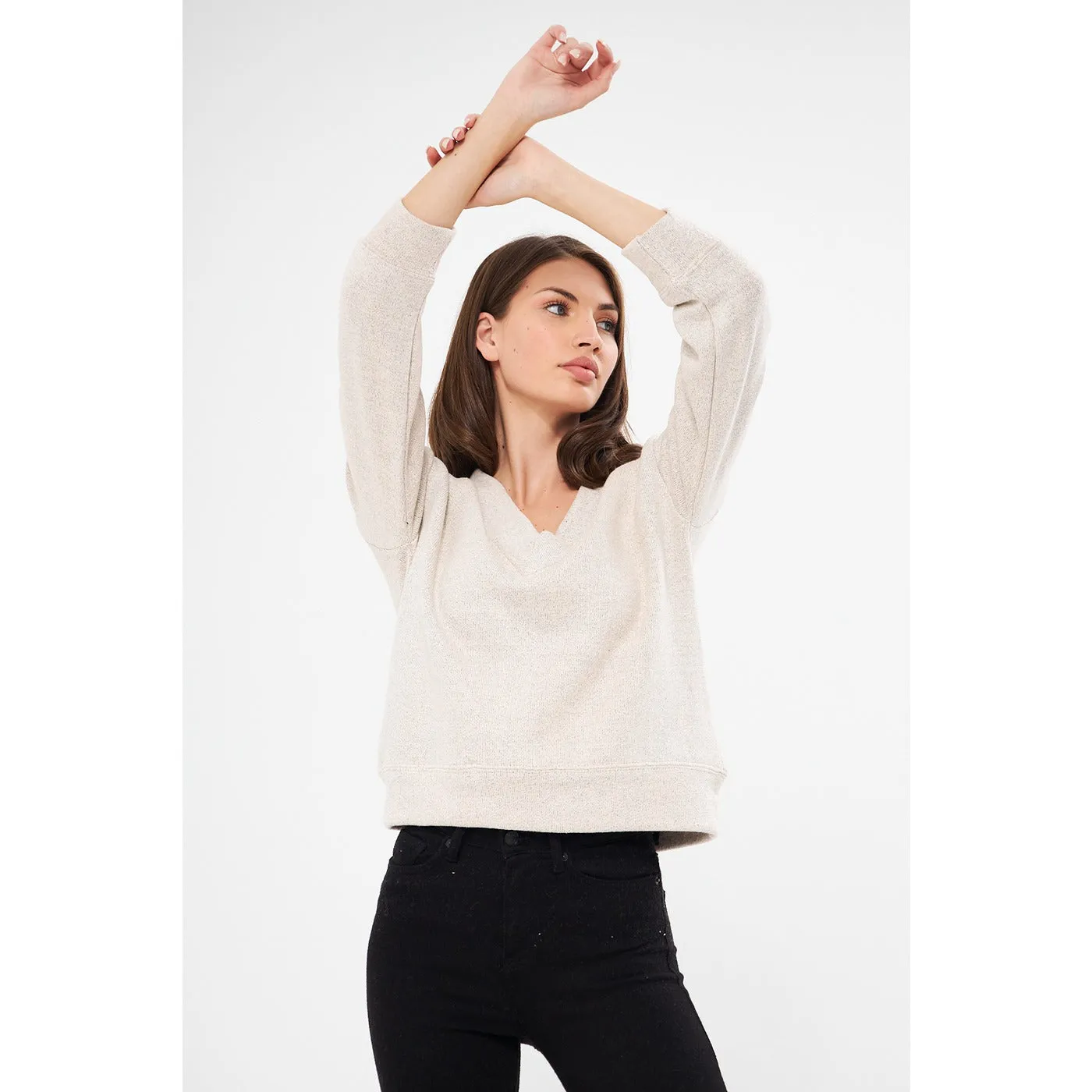 Cream V Neck Melange Sweatshirt