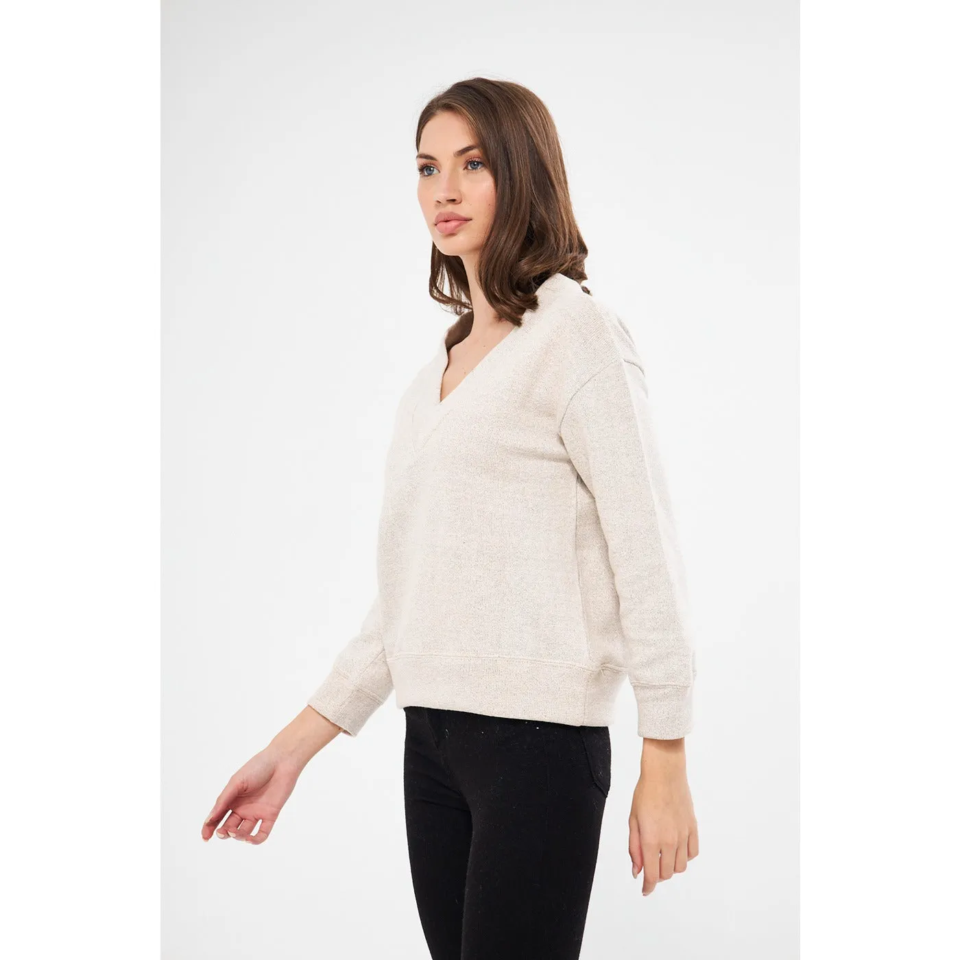 Cream V Neck Melange Sweatshirt