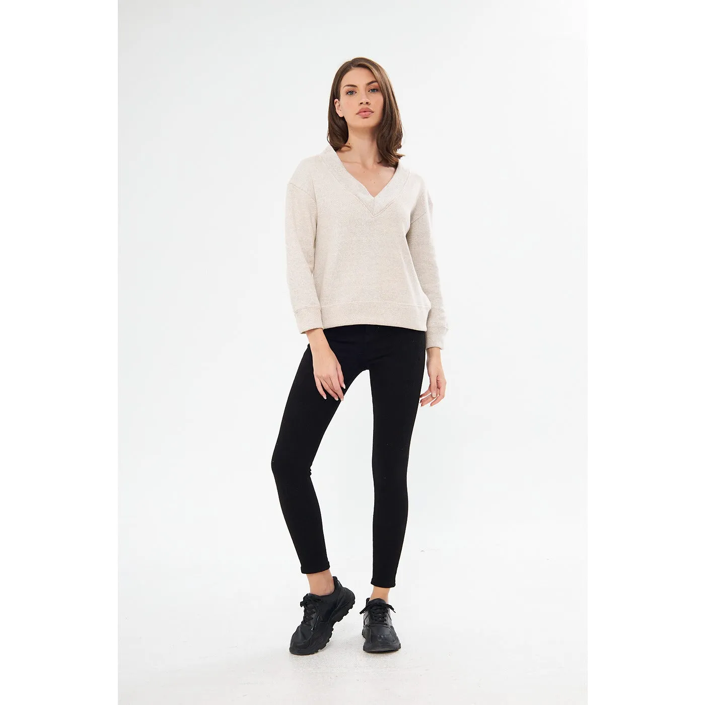 Cream V Neck Melange Sweatshirt