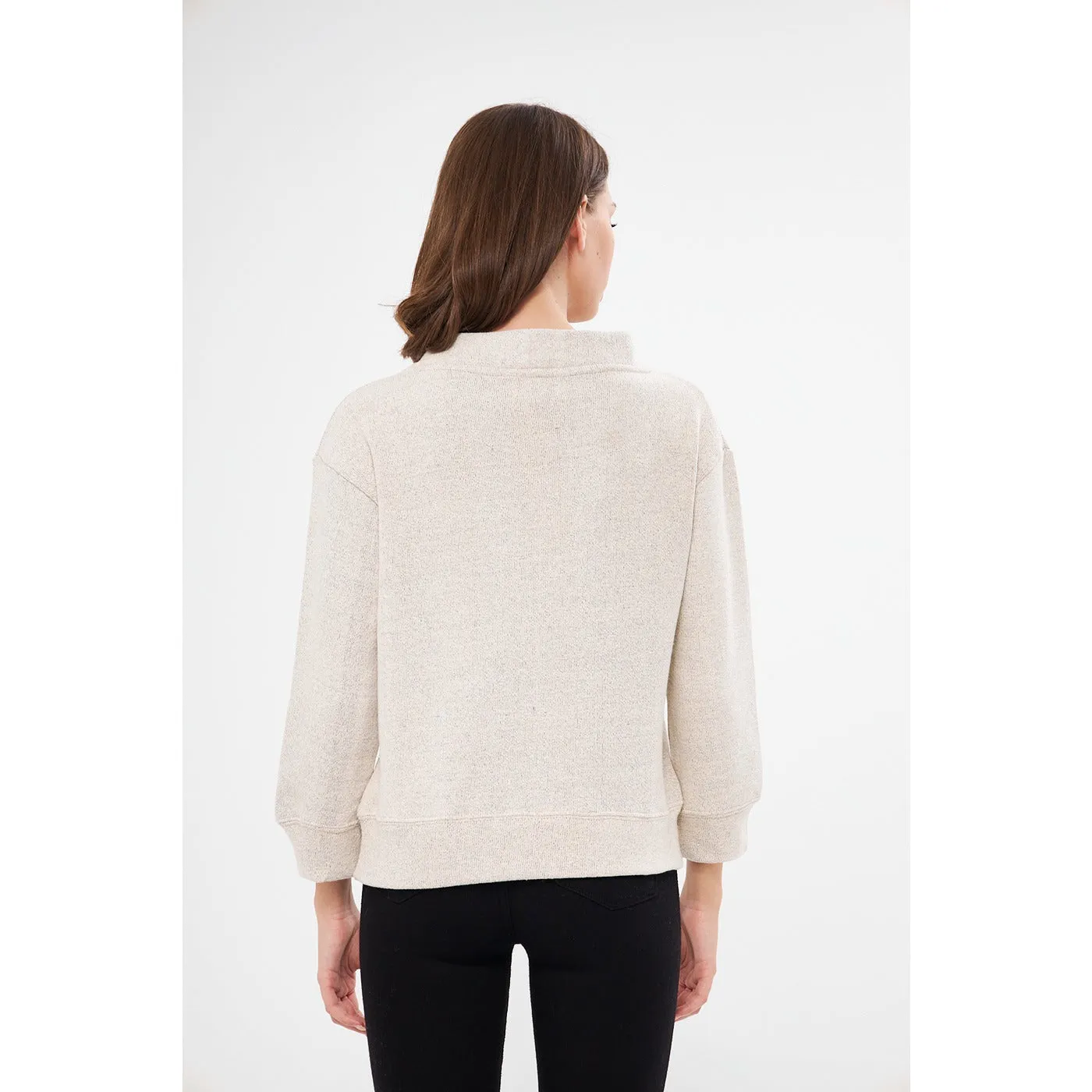 Cream V Neck Melange Sweatshirt