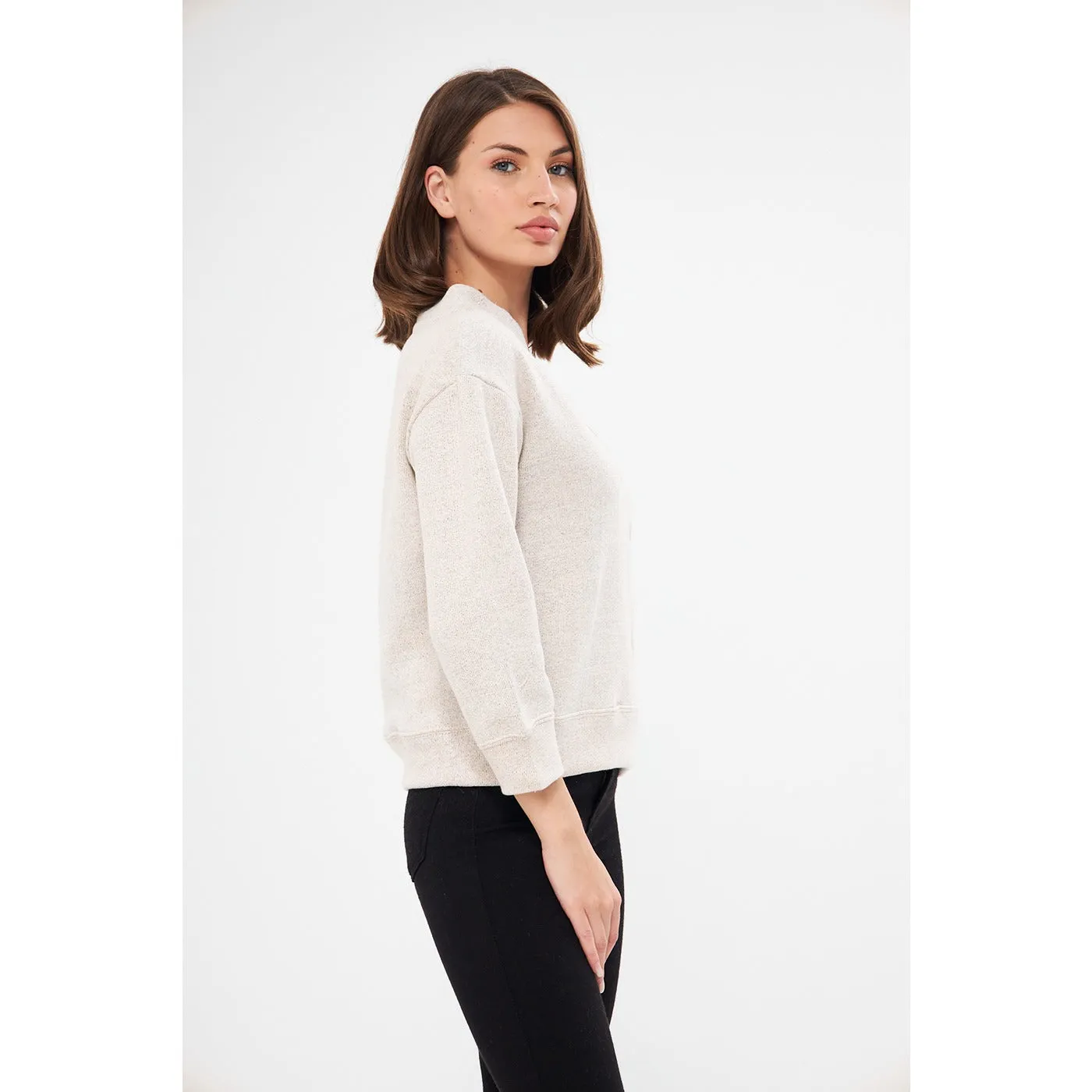 Cream V Neck Melange Sweatshirt