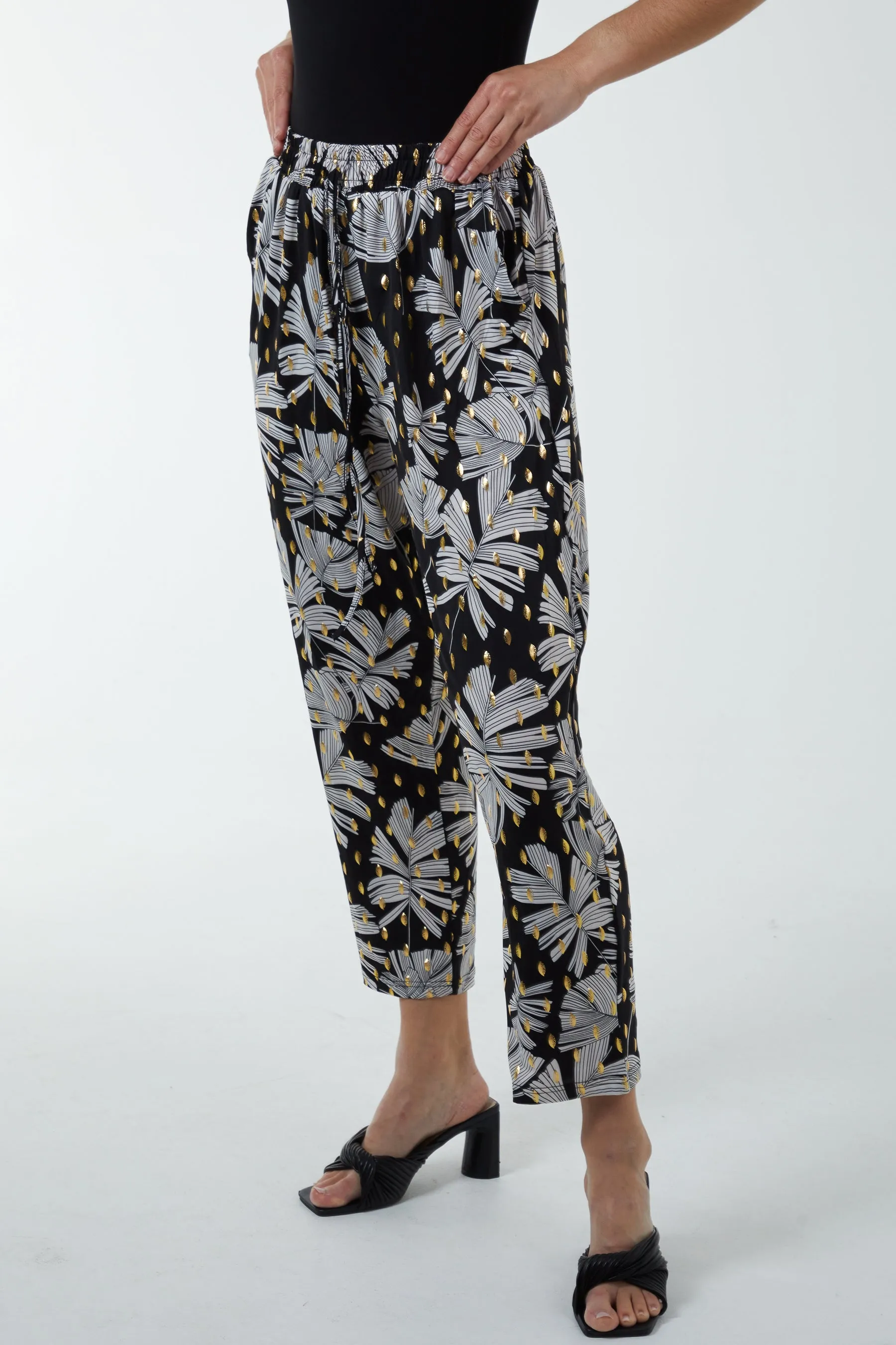 Dark Foil Leaf Detail Capri Trousers