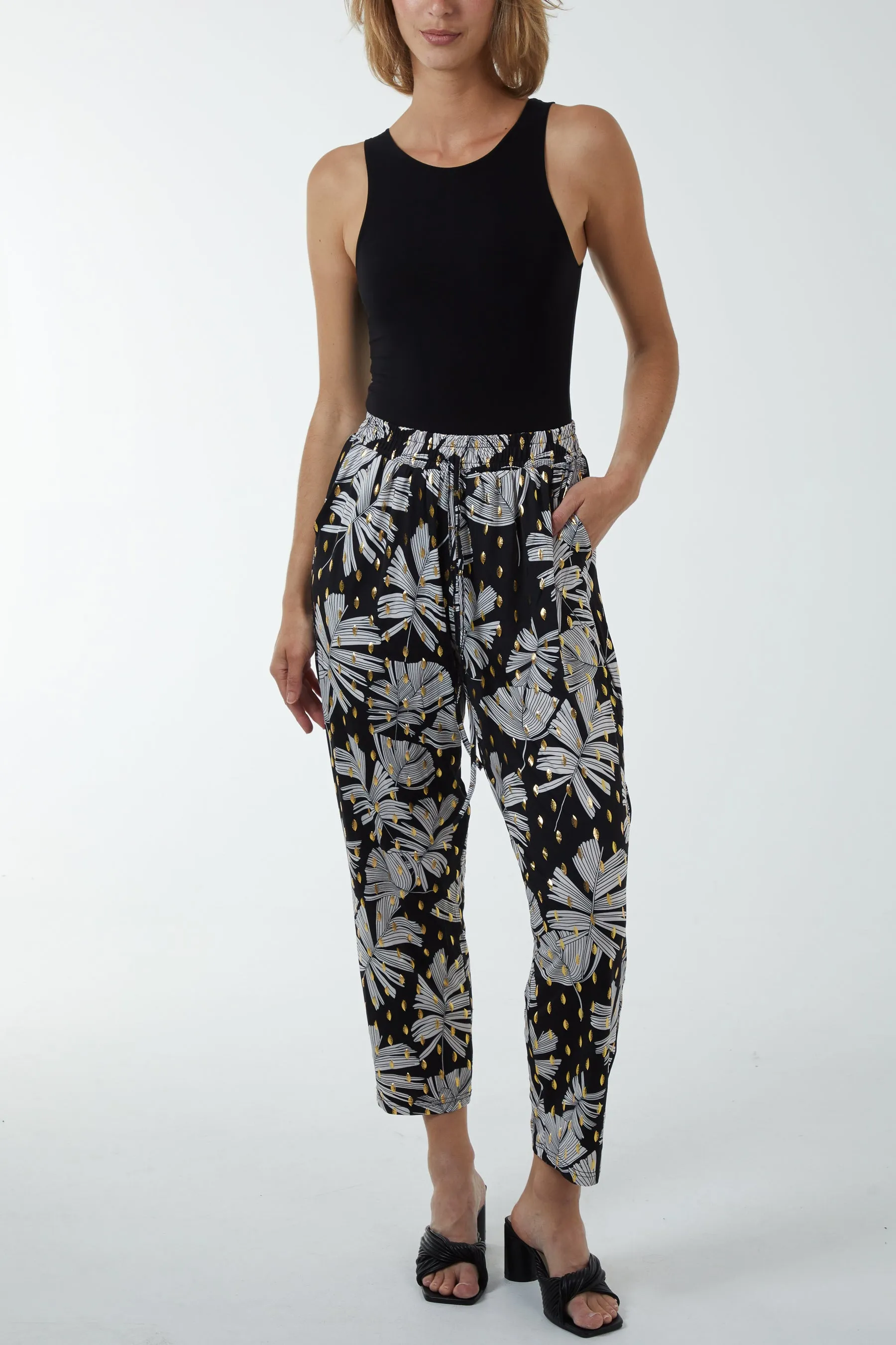 Dark Foil Leaf Detail Capri Trousers