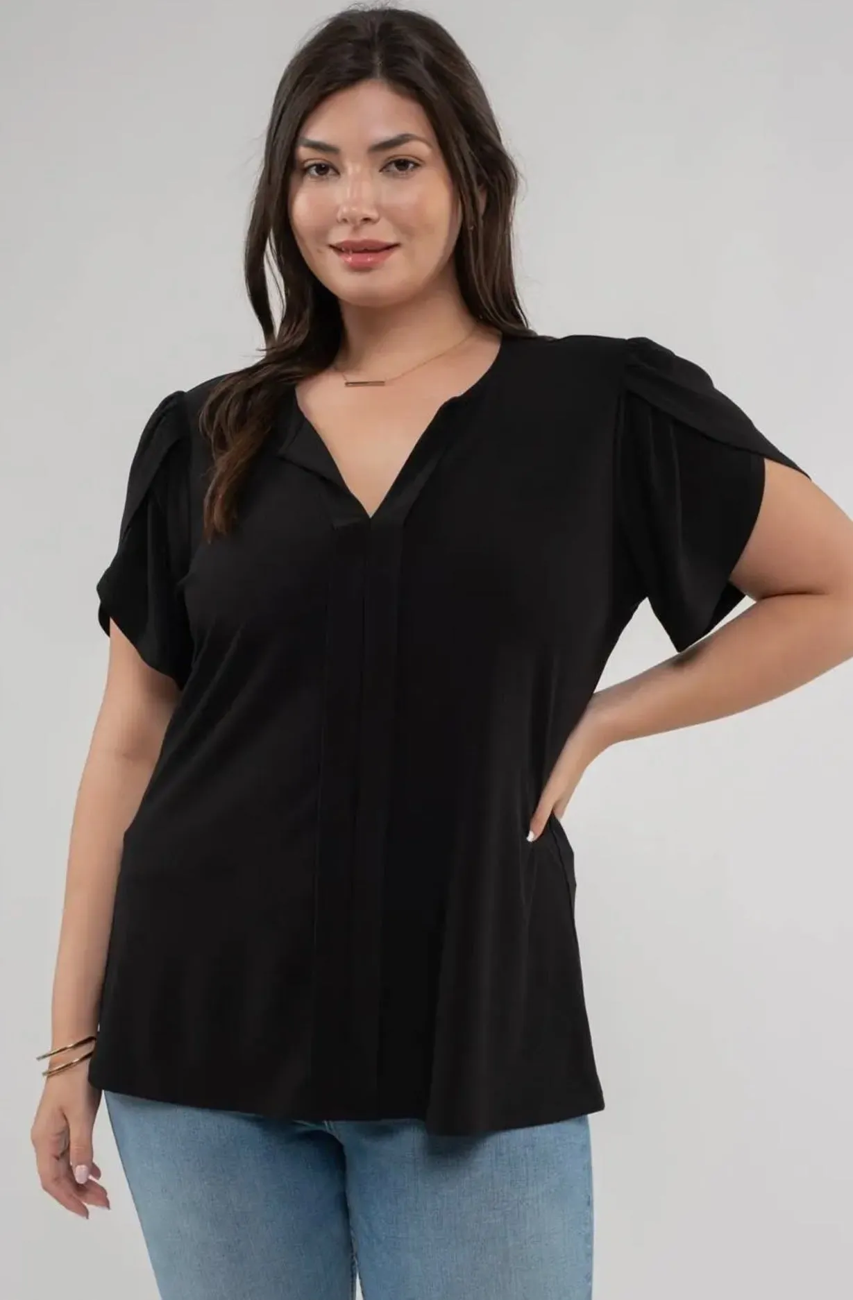 Drape Sleeve Split Neck Top Plus