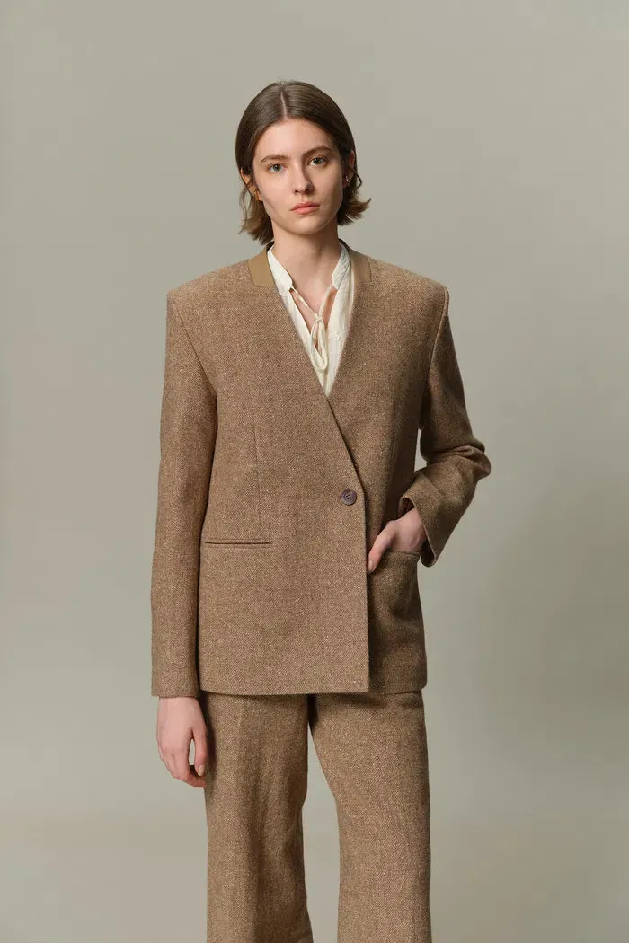 Eleanor Double Breasted Blazer in Flecked Wool Twill