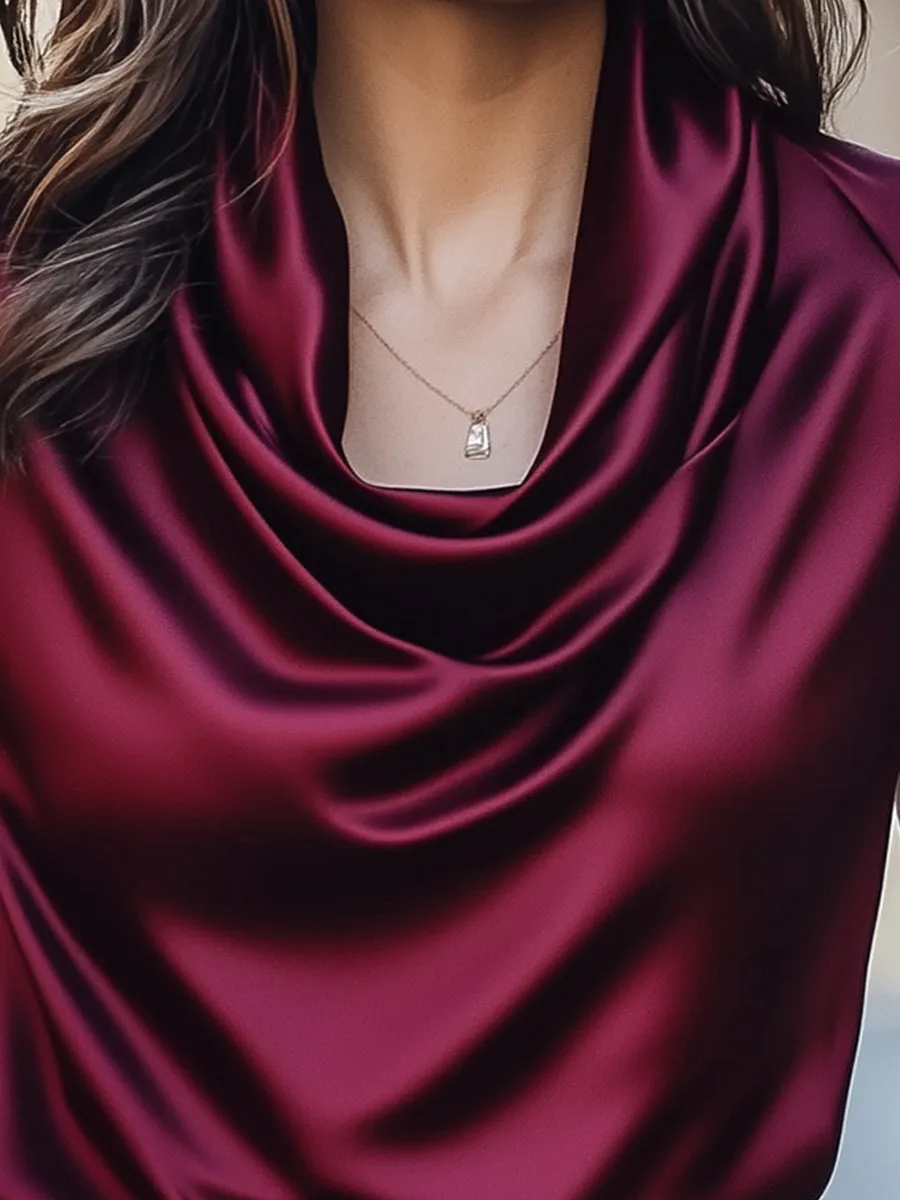 Elegant Burgundy Satin Cowl Neck Blouse