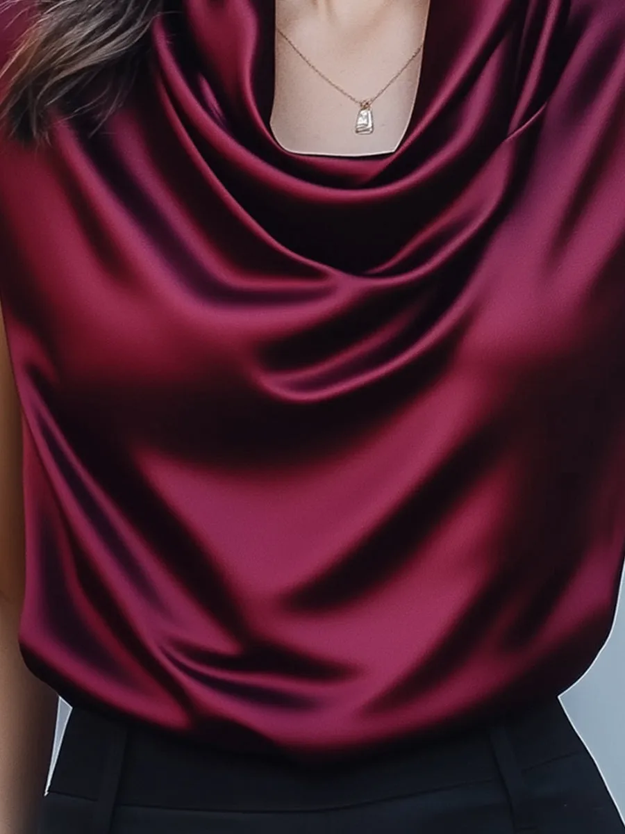 Elegant Burgundy Satin Cowl Neck Blouse