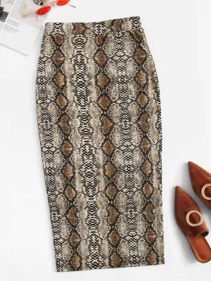 Elegant Snakeskin Print Split Natural Midi Women Skirt