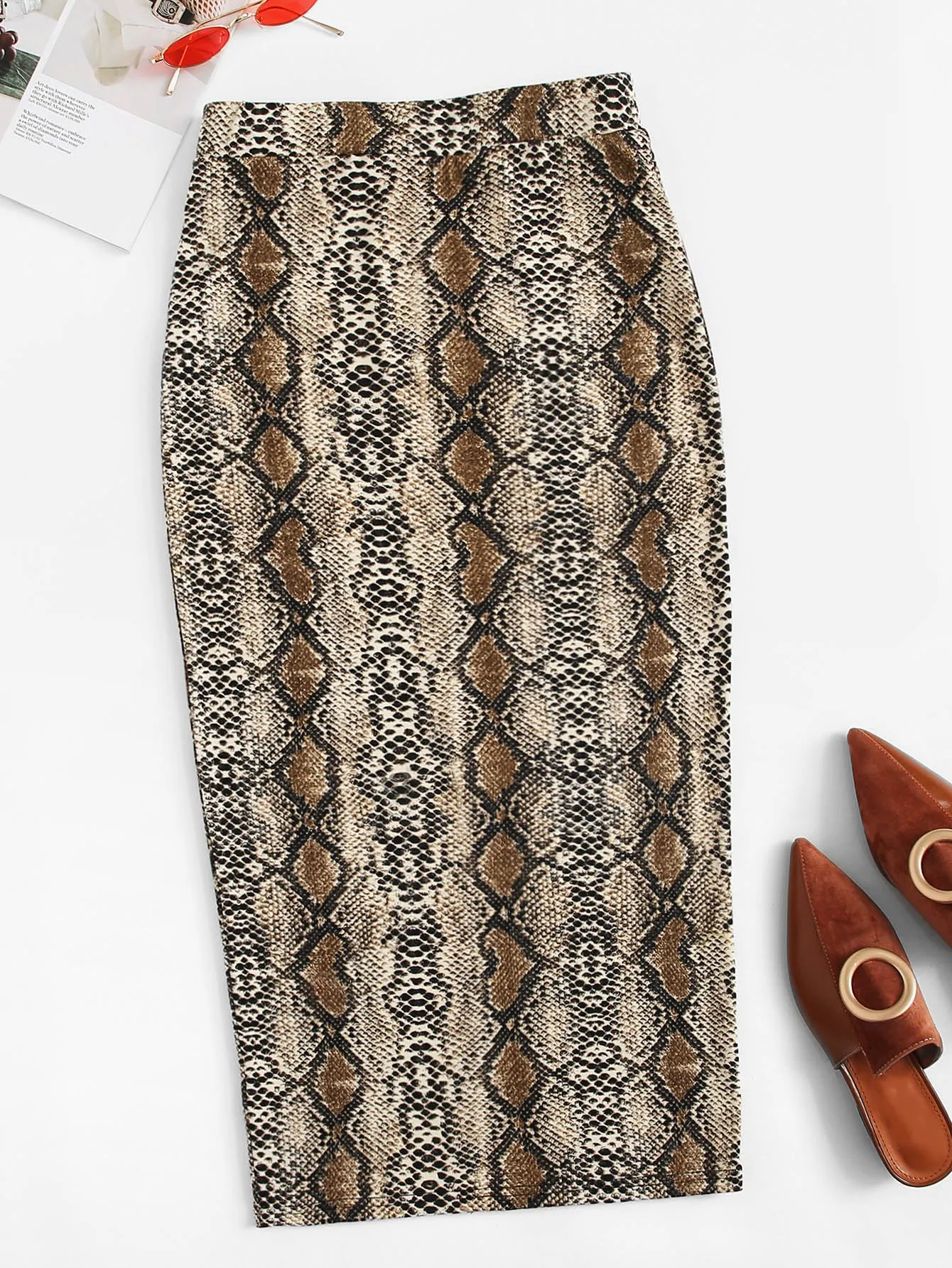 Elegant Snakeskin Print Split Natural Midi Women Skirt