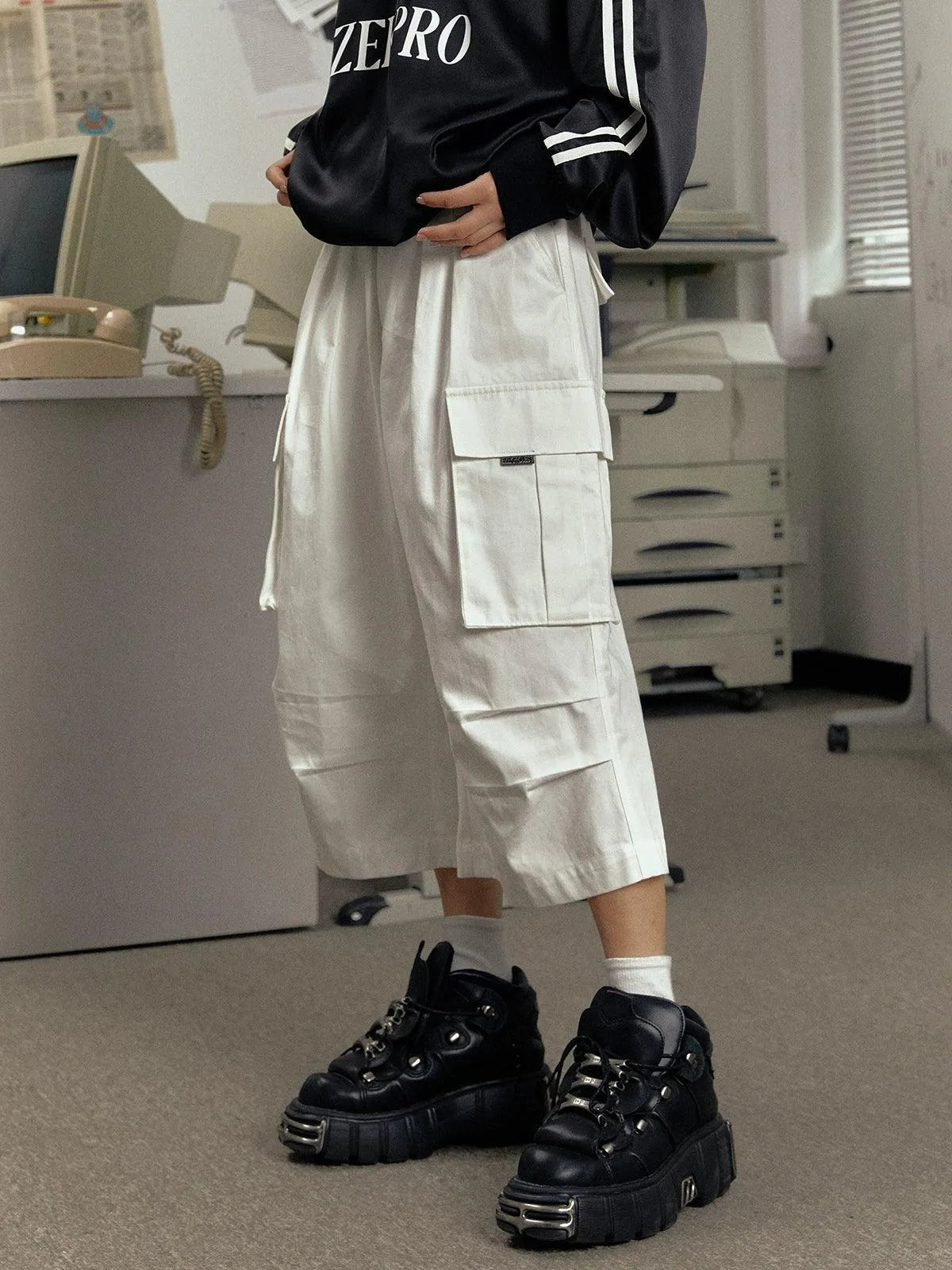 Ezek Wide Leg Cargo Culottes - High-Waisted Loose Fit Cropped Pants With Multiple Pockets