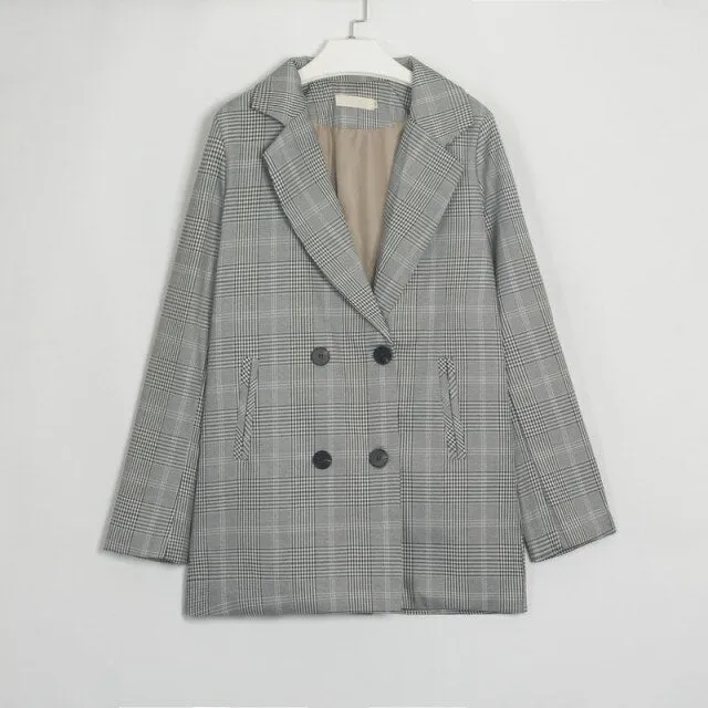 FashionSierra - Women Plaid Casual Double Breasted Blazer