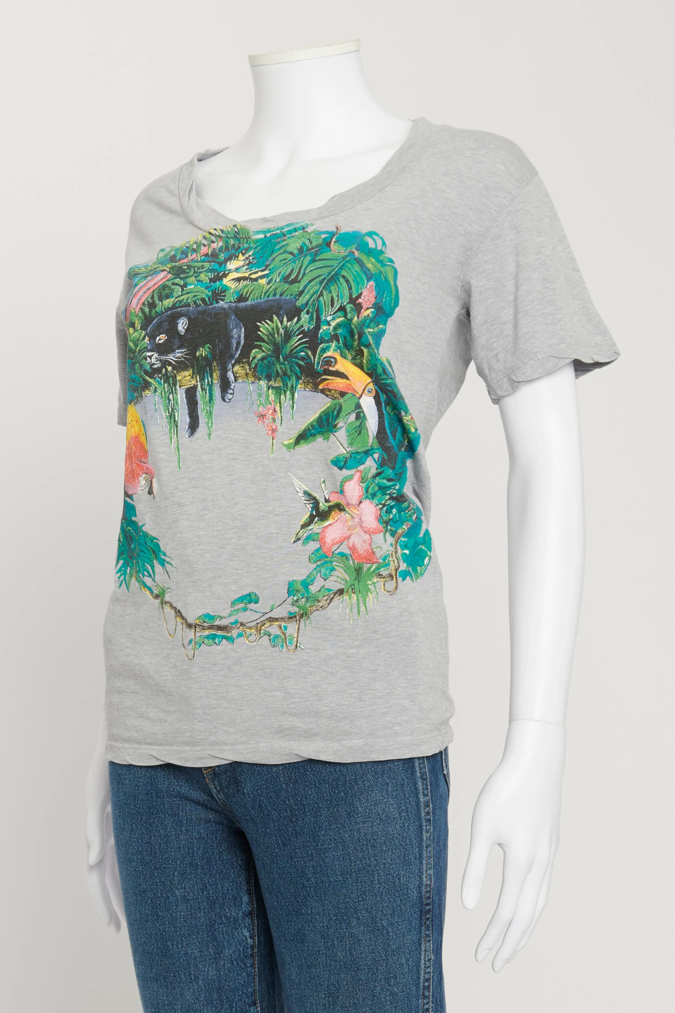 Grey T-Shirt with Tropical Animal Graphic Print