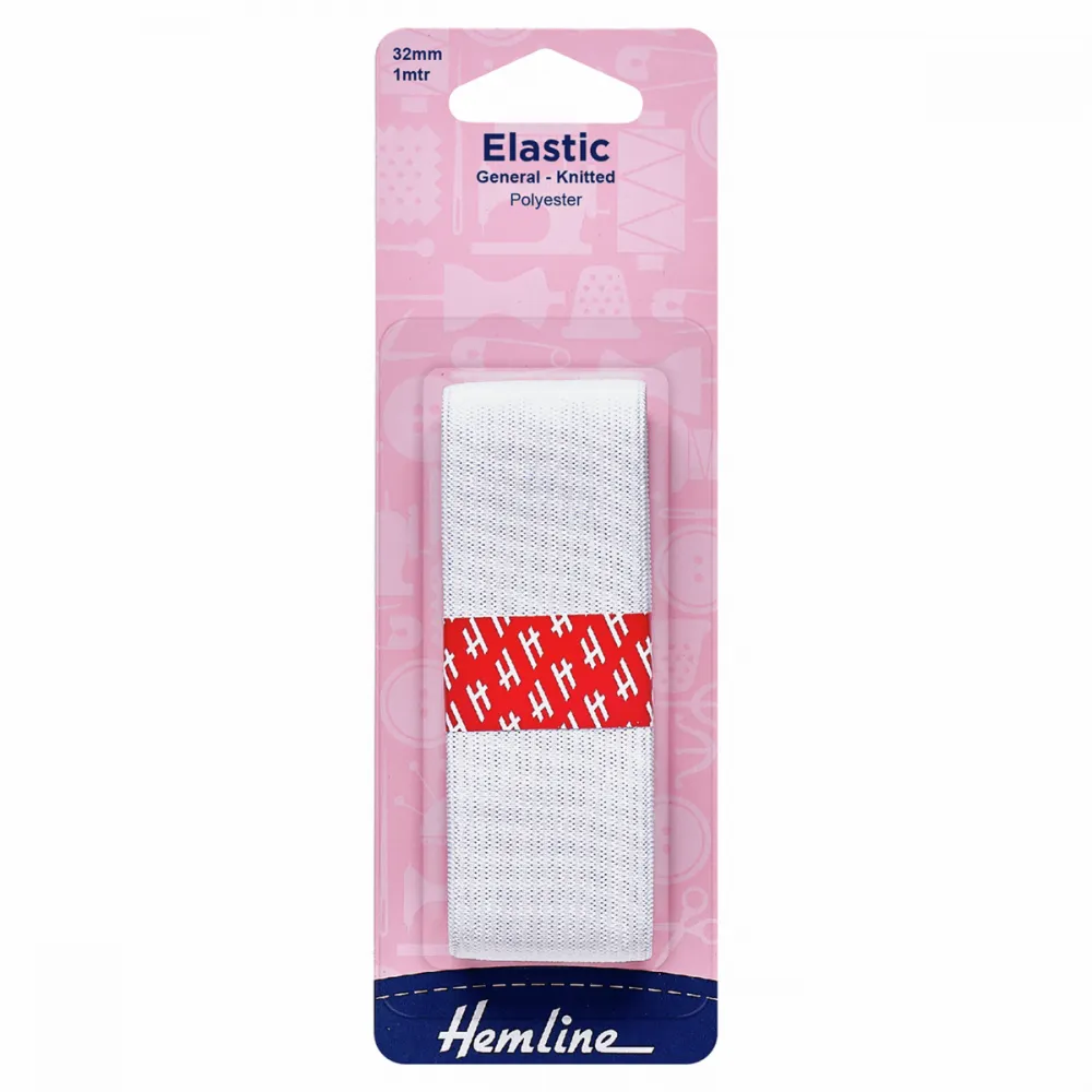 Hemline - Elastic - General Purpose Knitted - 32mm x 1m (White)