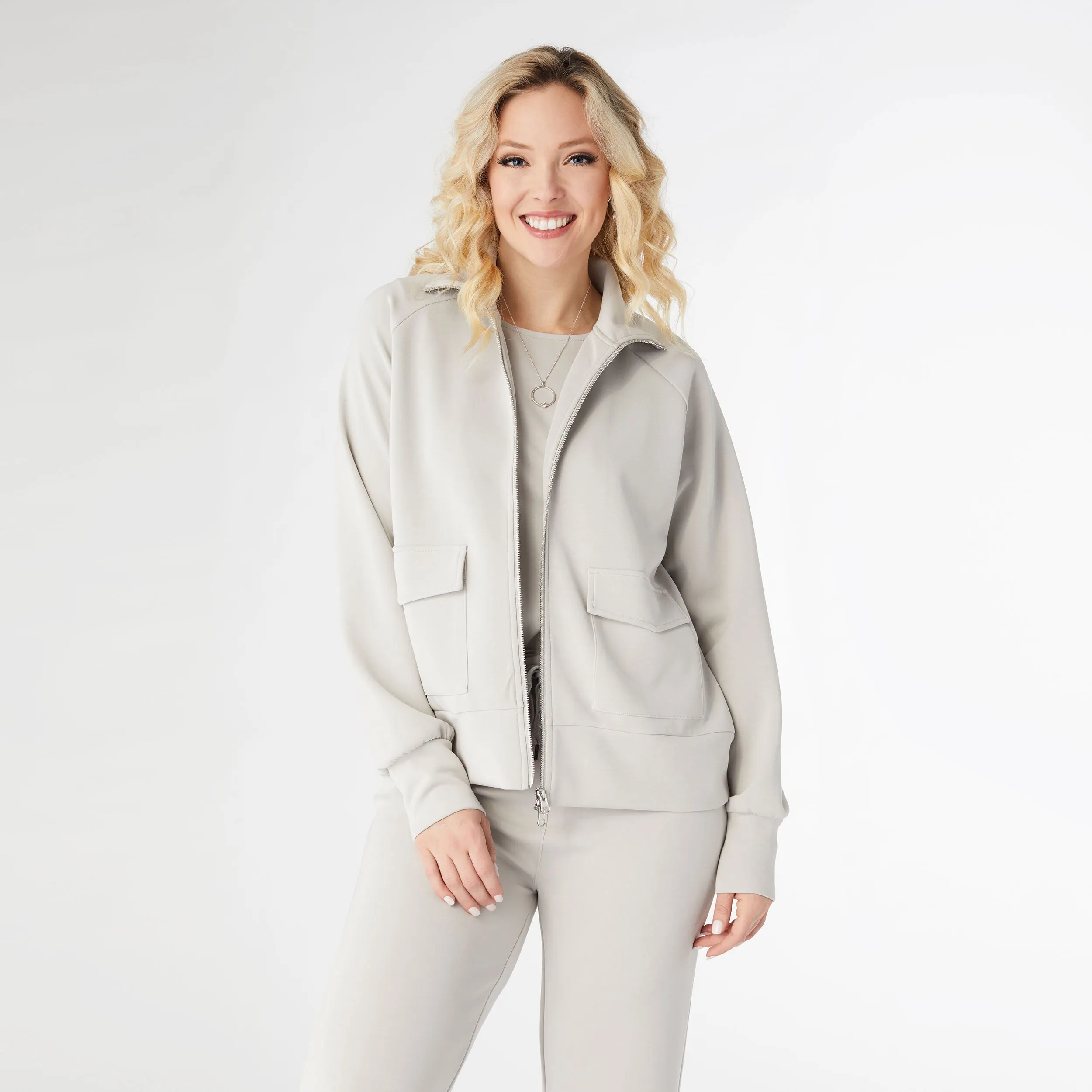 Hilarie Duo Zip Sweatshirt with Front Pockets - Cement