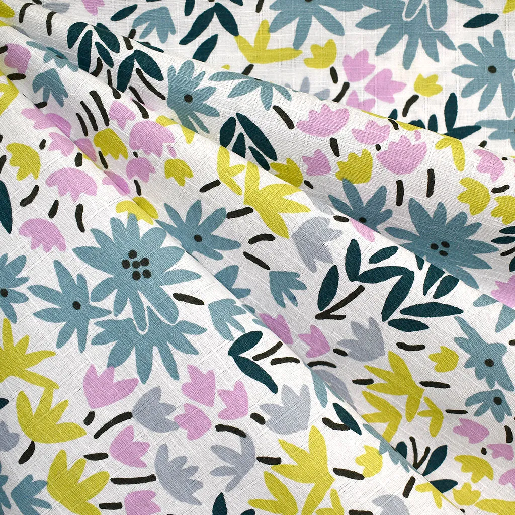 Japanese Abstract Spring Floral Dobby Textured Cotton Teal/Citron