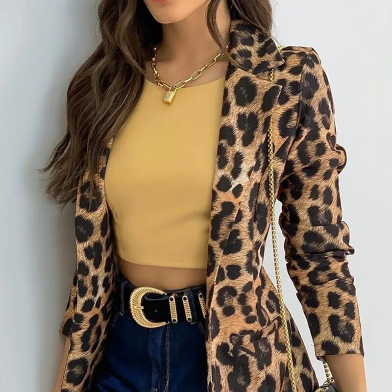 Joskaa Graduation Gift  Leopard Print Slim Office Lady Blazer Long Sleeve Turndown Collar Women Autumn Blazer 2024 New Open Stitch Casual Female Coat