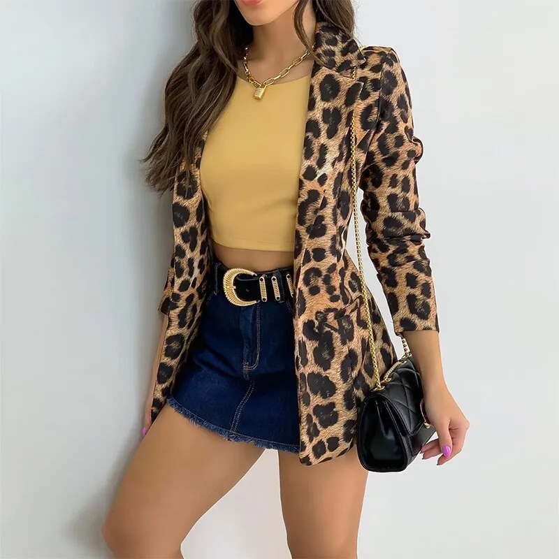 Joskaa Graduation Gift  Leopard Print Slim Office Lady Blazer Long Sleeve Turndown Collar Women Autumn Blazer 2024 New Open Stitch Casual Female Coat