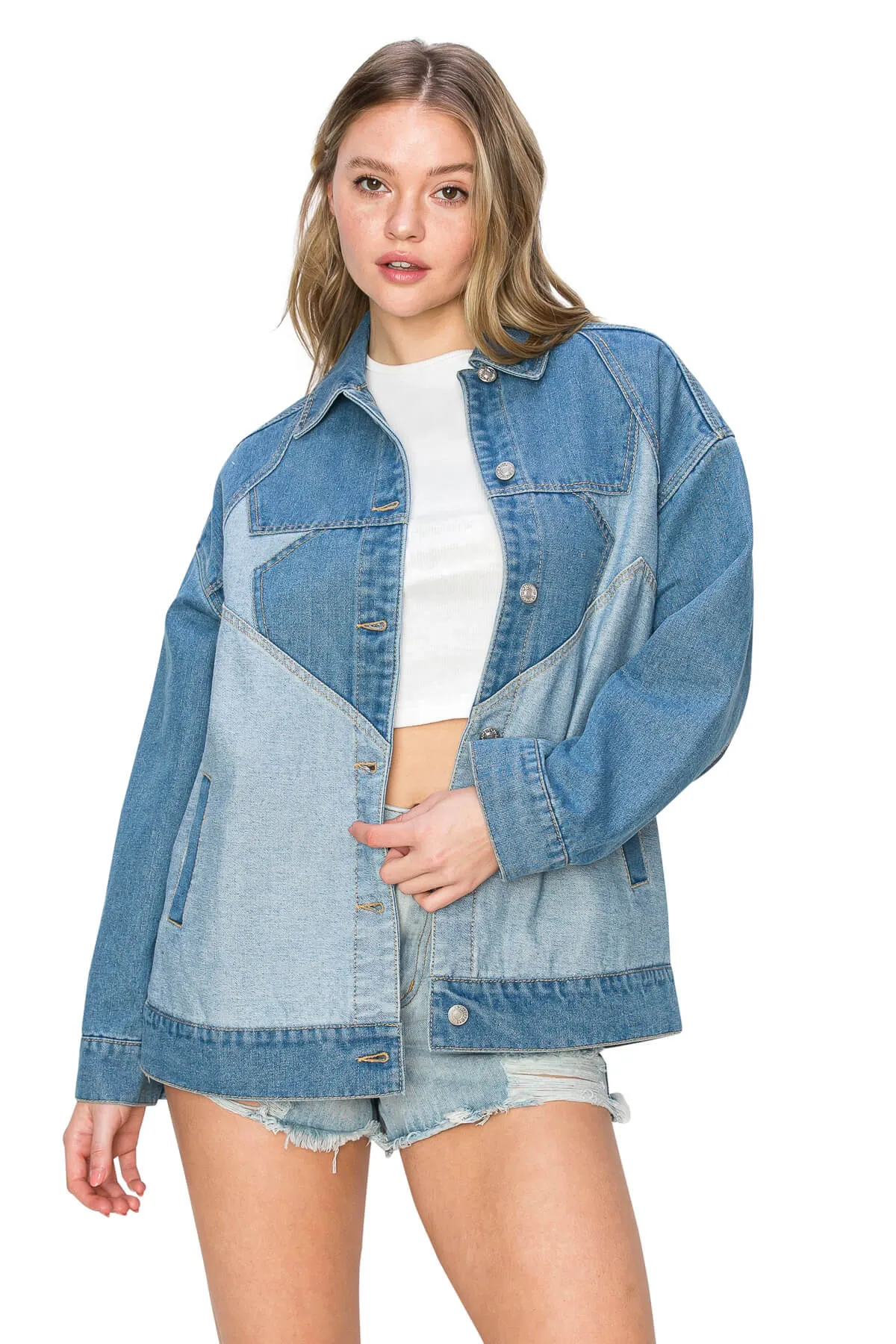 Long Sleeve Star Patch Oversized Denim Jacket - Medium Wash