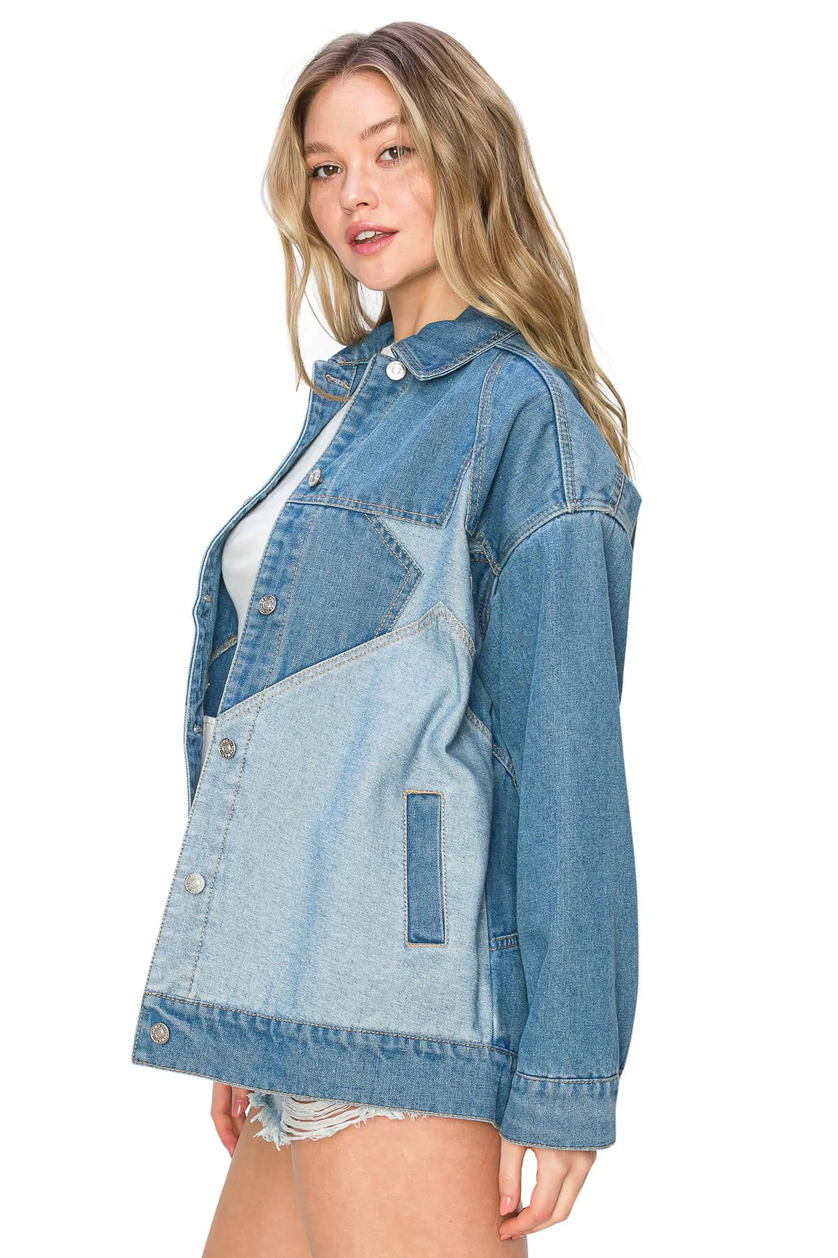 Long Sleeve Star Patch Oversized Denim Jacket - Medium Wash