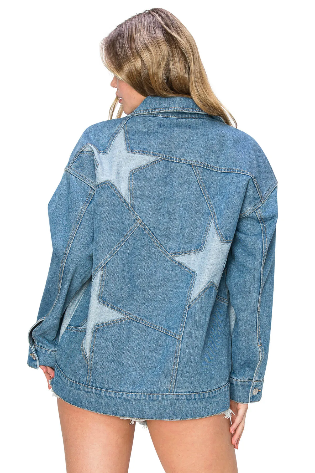 Long Sleeve Star Patch Oversized Denim Jacket - Medium Wash