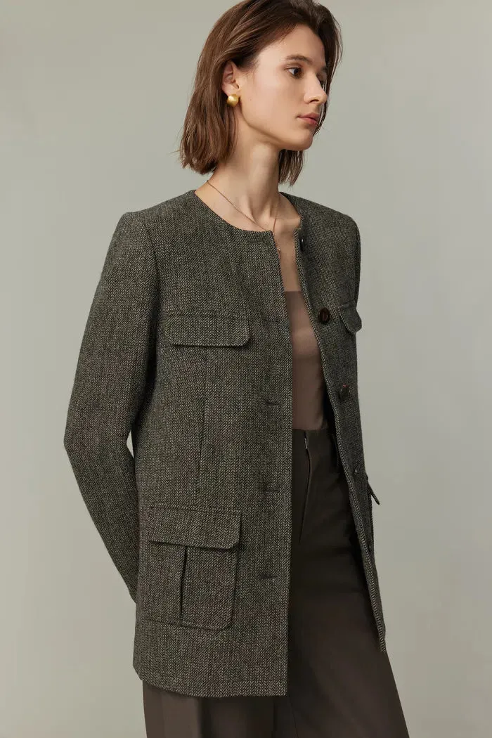 Lyudmila Safari Pockets Blazer in Wool Herringbone