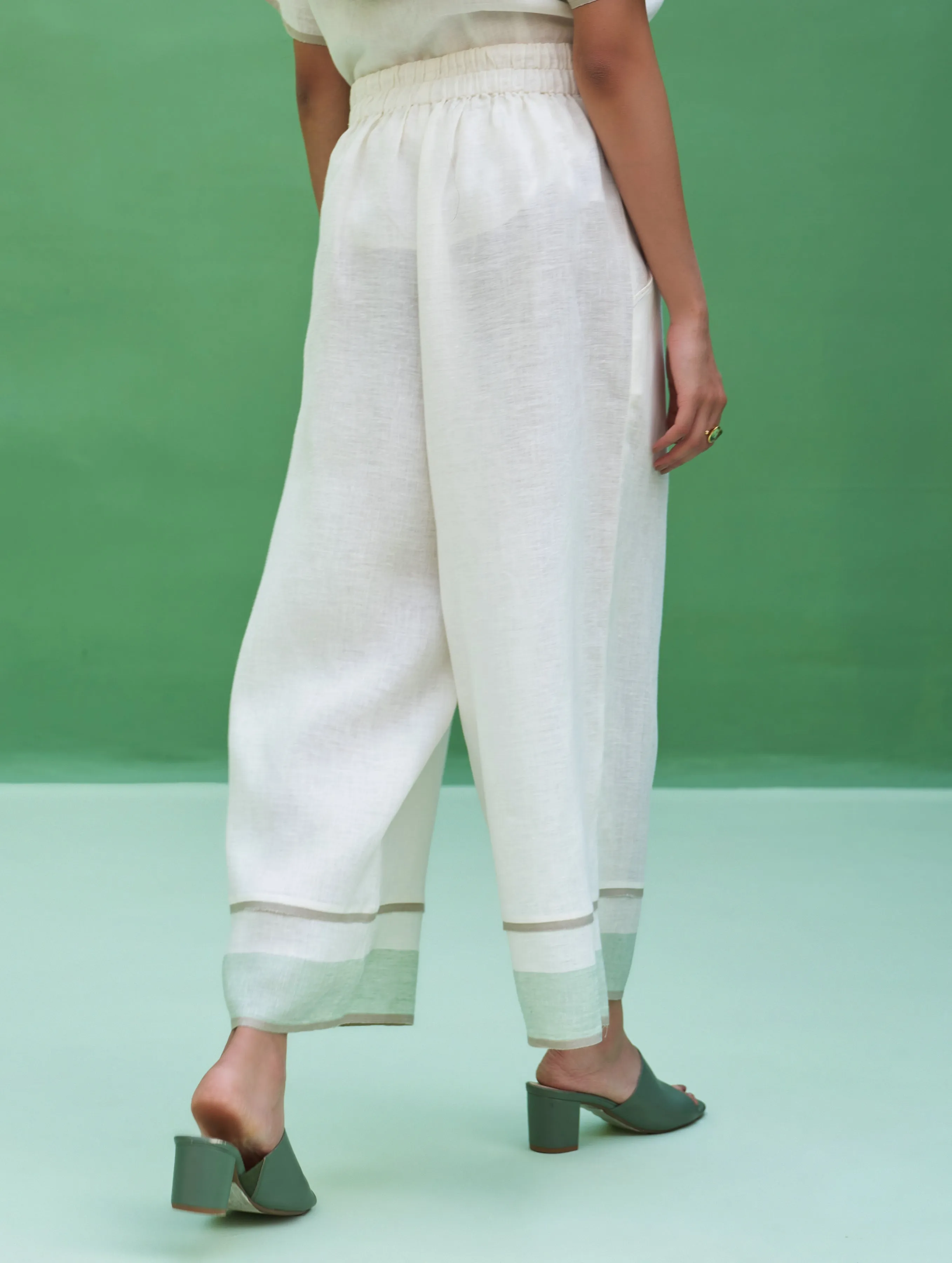 Mara Border Linen Pant - Ivory