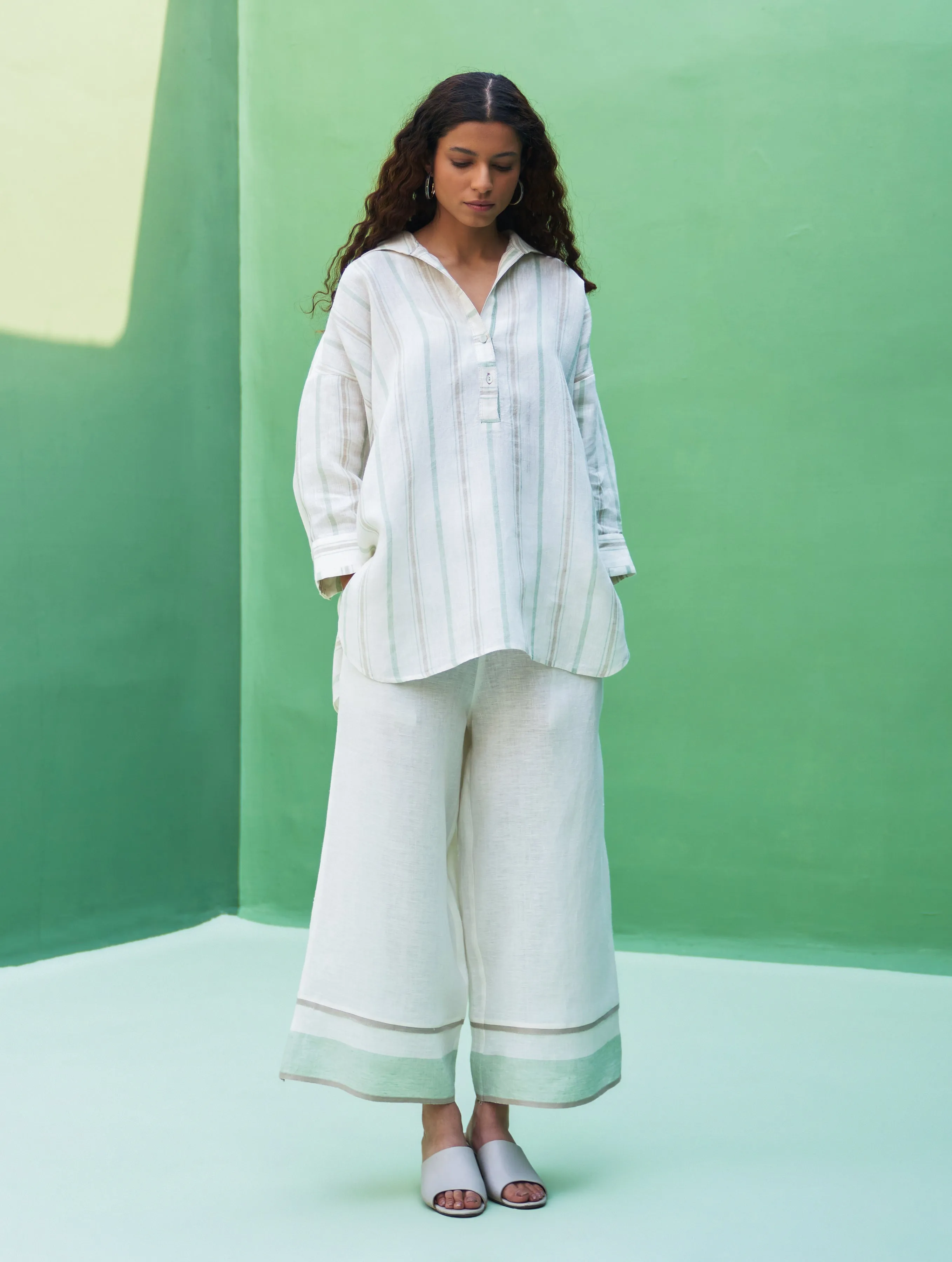 Mara Border Linen Pant - Ivory