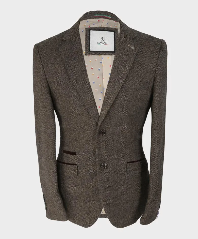 Men's Herringbone Tweed Slim Fit Suit Jacket - MARTEZ - Brown