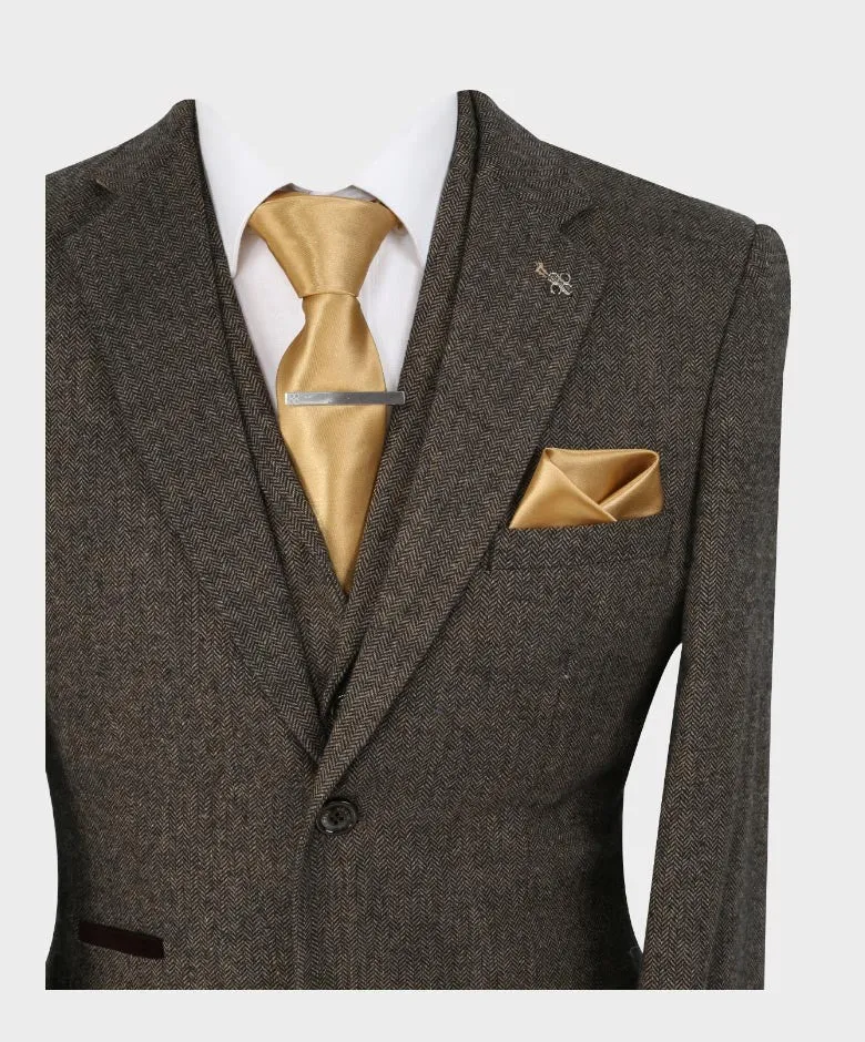 Men's Herringbone Tweed Slim Fit Suit Jacket - MARTEZ - Brown